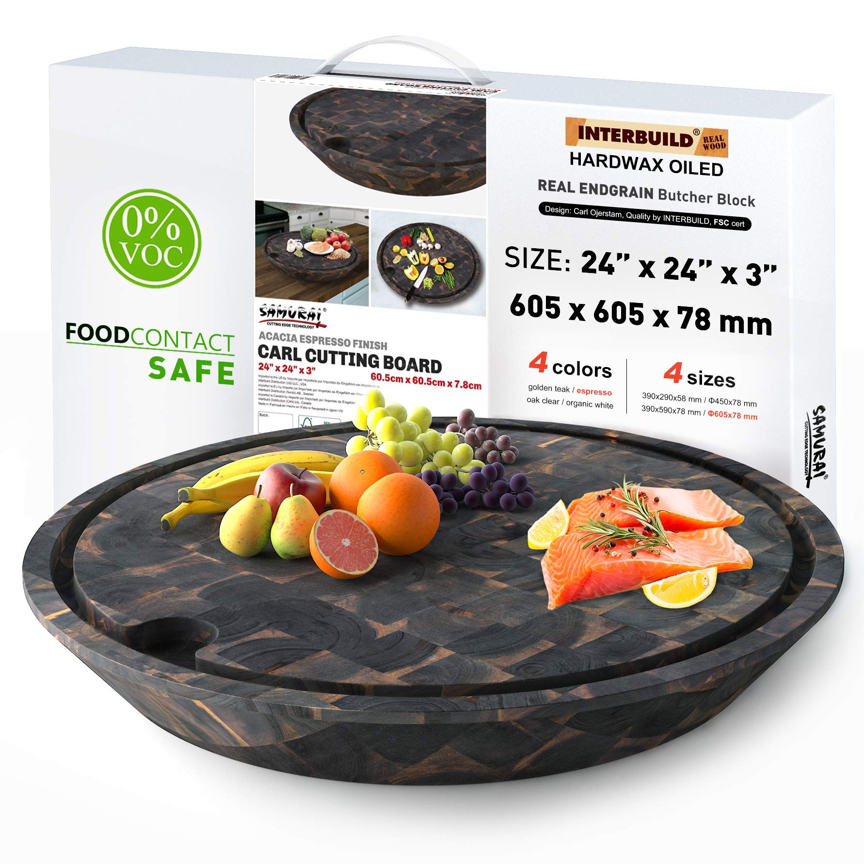 INTERBUILD Premium Solid Wood Heavy Duty Cutting Board with Juice Groove - 24 Inch Round Butcher Block for Kitchen - Espresso Finish - Ideal for Meat Cutting, Food Prep & Charcuterie Board