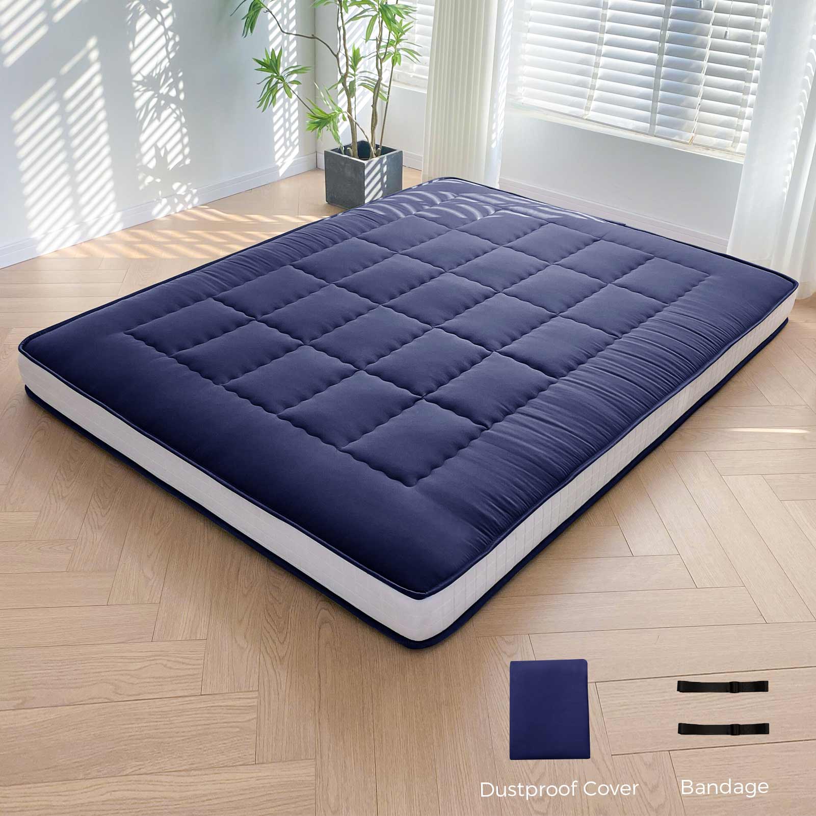 MAXYOYO 6 Extra Thick Japanese Futon Mattress - Rectangle Quilted Floor Bed for Family & Guests, Navy Blue - Perfect for Small Spaces, Guest Rooms & Minimalist Home Decor