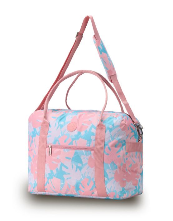 Tosca TCA935 M Fashion Overnight Tote Bag - Pink & Palm Print, Stylish Travel Bag for Women, Perfect for Weekend Getaways and Overnight Trips