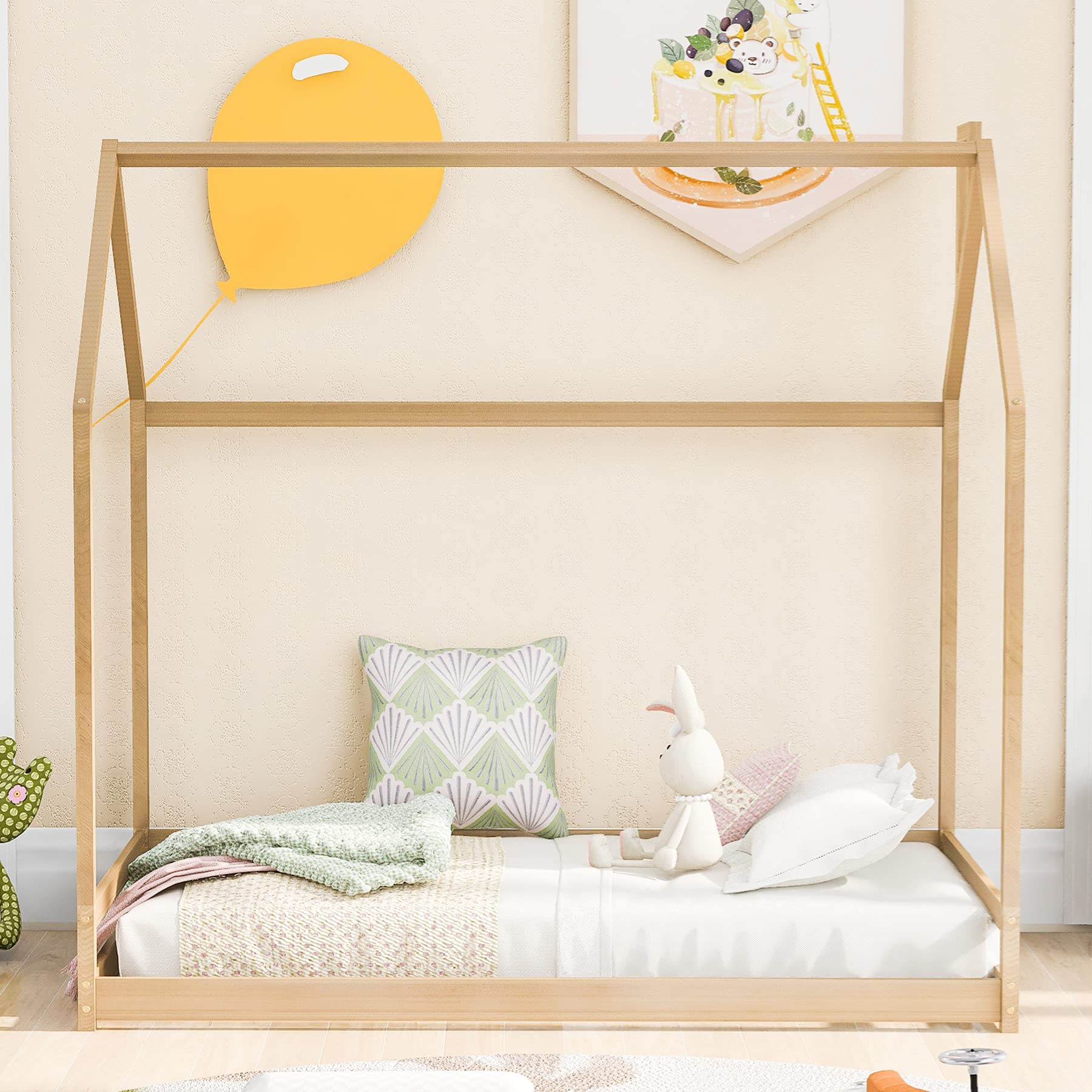 Montessori Twin House Bed for Kids & Toddlers - Wooden Floor Bed Frame with Roof for Boys & Girls Bedroom Furniture - Natural Finish - Perfect for Montessori Rooms, Playrooms & Kids Bedrooms