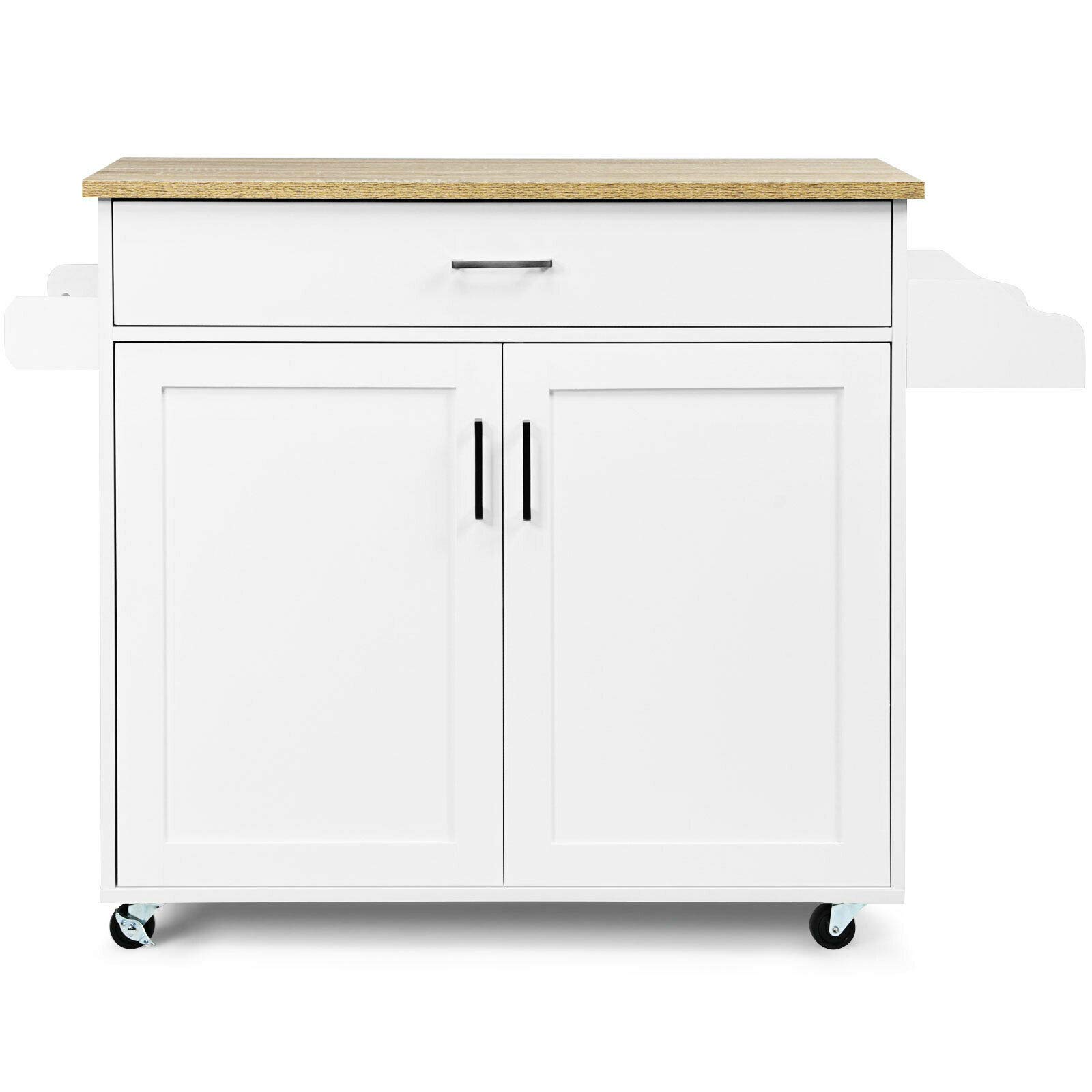 White Rolling Kitchen Island Cart with Spice Rack - 1 Drawer & Cabinet Storage, Spacious Countertop for Kitchenware, Wine & Dinnerware - Perfect for Small Kitchens, Entertaining & Spice Organization