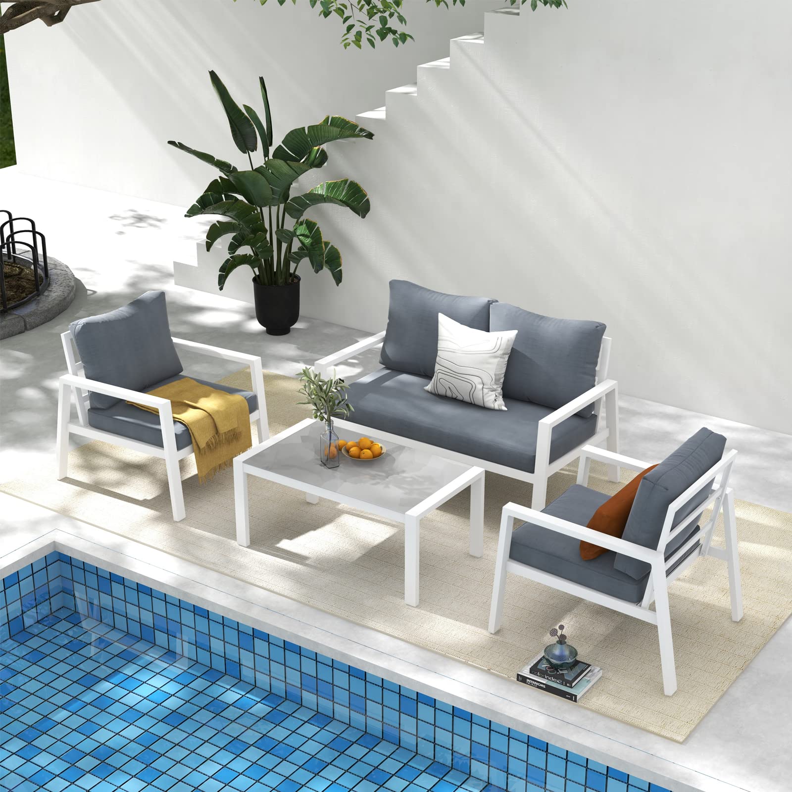 4-Piece Aluminum Outdoor Patio Furniture Set with Removable Cushions & Tempered Glass Coffee Table - White Frame & Grey Cushions for Garden, Poolside, or Backyard Relaxation