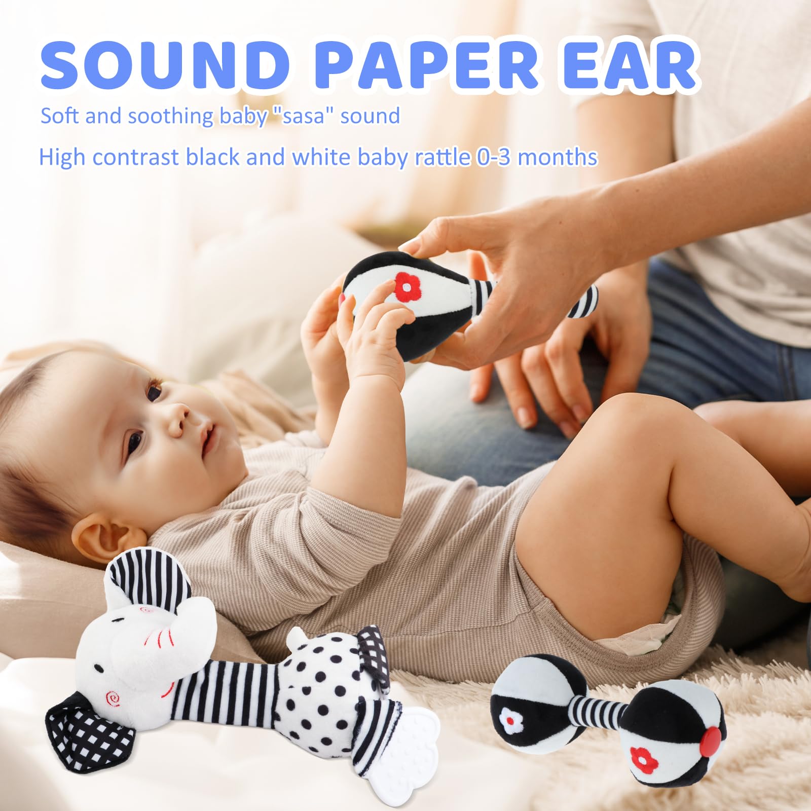 Soft Baby Rattles 0-12 Months - Black & White High Contrast Newborn Toys for Brain Development, Montessori Teether Chew Toy with Plush Elephant Design - Perfect for Tummy Time, Sensory Play & Early Learning