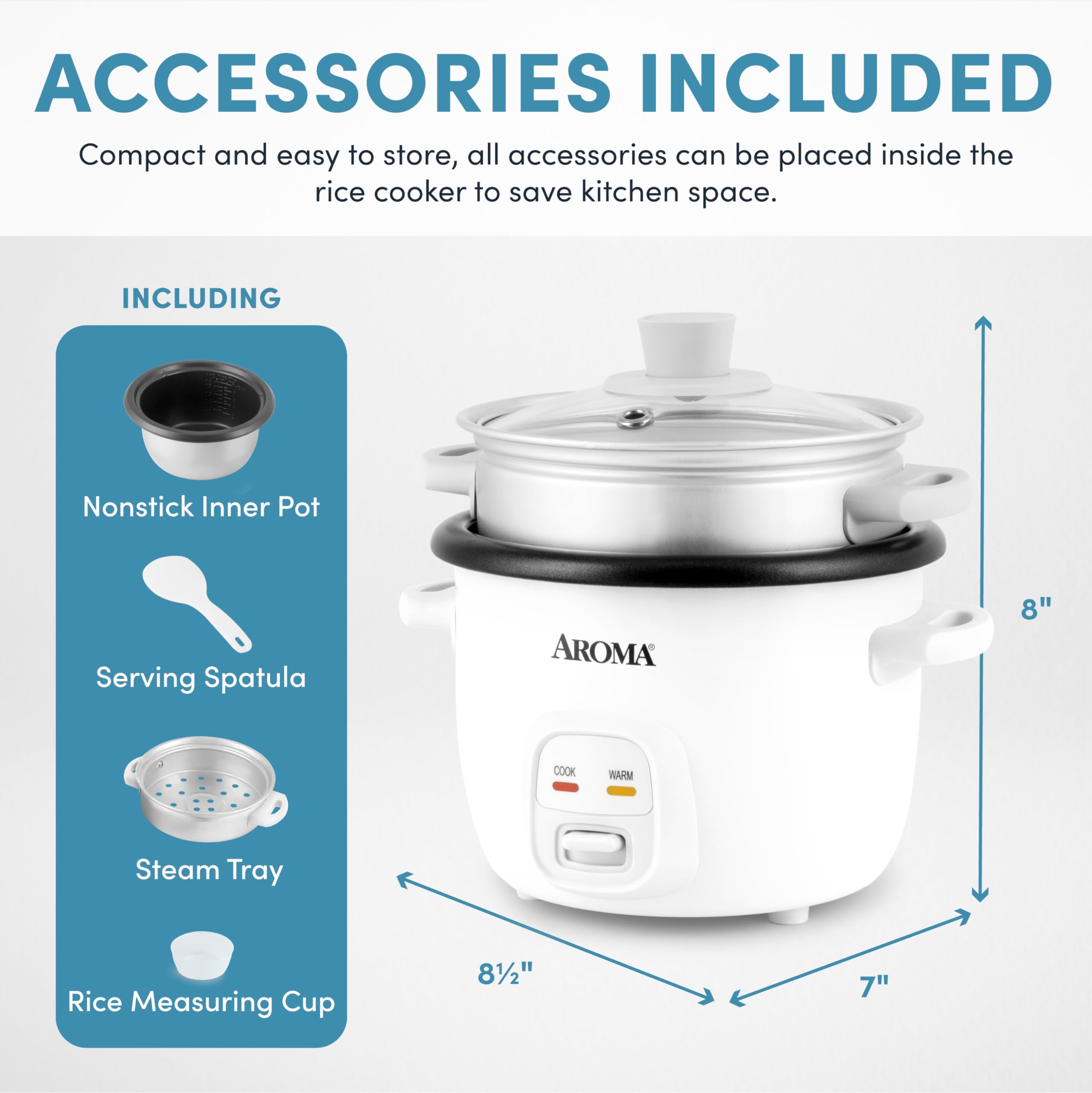 AROMA® 2-Cup (Uncooked) / 4-Cup (Cooked) Rice Cooker with Steamer - Multi-Function Grain & Oatmeal Cooker, Soup Maker, Auto Keep Warm - 1 Qt White (ARC-302-1NG) - Perfect for Small Kitchens, Dorms & Quick Meals