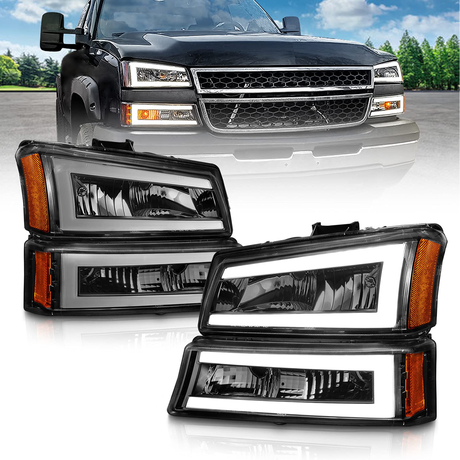 AmeriLite LED Headlights for 2003-2006 Chevy Silverado 1500/2500/3500 & Avalanche - Black Halo Tube Headlight Assembly with Bumper Turn Signals | Upgrade Your Pickup Truck Lighting for Night Driving & Off-Road Adventures