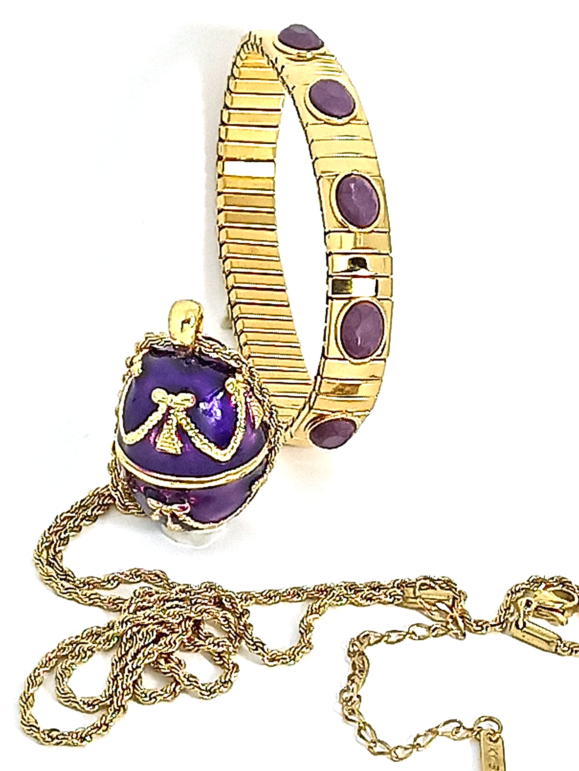 Handmade 24k Gold Plated Amethyst Faberge Egg Pendant Necklace & Bracelet Set - Russian Style Purple Jewelry Gift with 23.5