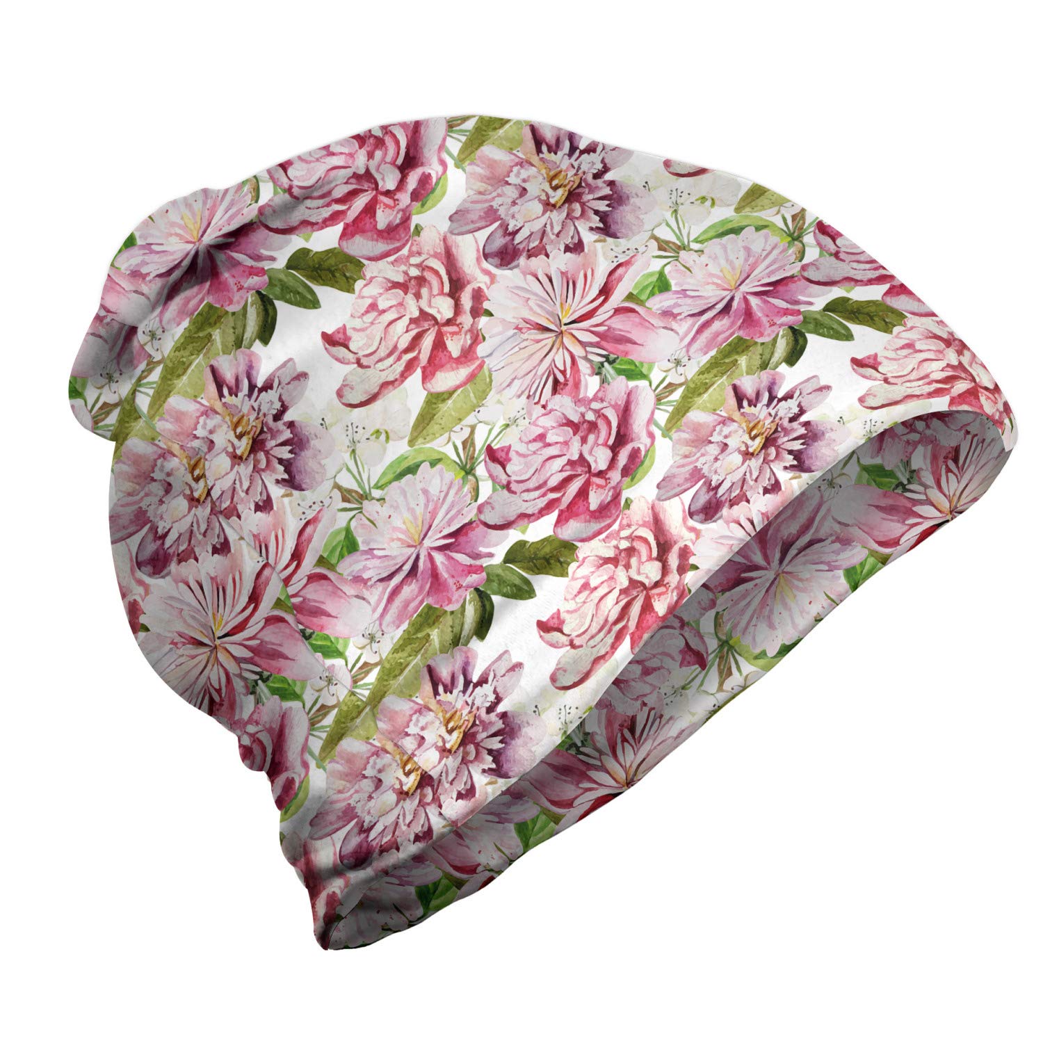 Ambesonne Unisex Beanie with Realistic Peonies Design - Warm Winter Hat for Men & Women - Perfect for Hiking, Outdoor Activities & Cold Weather Fashion