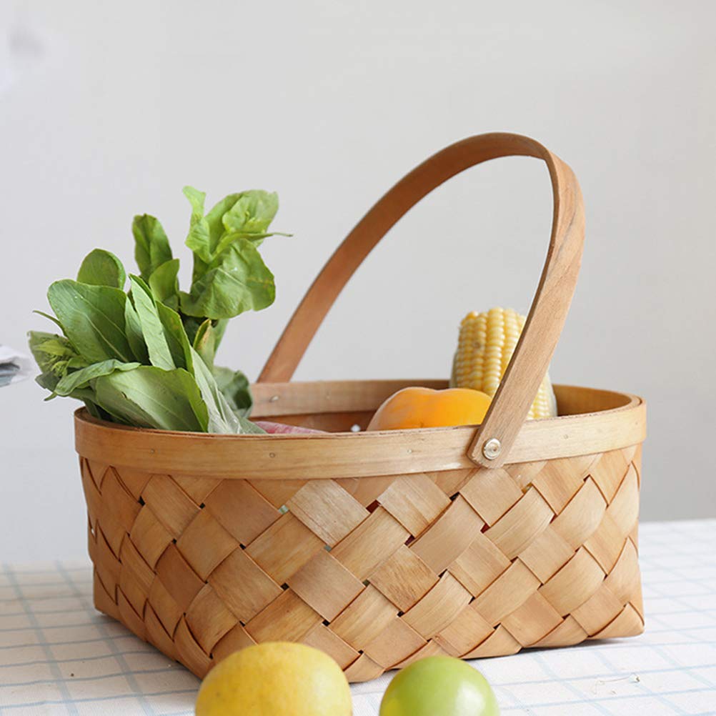 Natural Woven Wooden Picnic Basket with Folding Handles - Easter Basket, Closet Organizer, Bath & Kids Toy Storage - Perfect for Outdoor Picnics, Home Organization & Playroom Storage