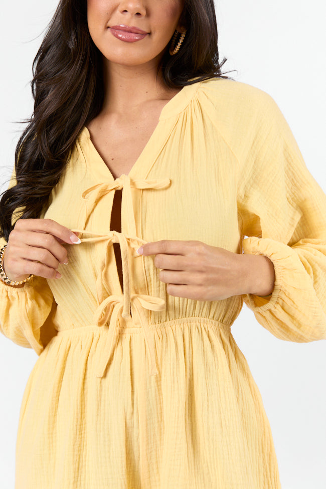 Endless Sunshine Yellow Tie Front Long Sleeve Romper - Women's Summer Jumpsuit with Adjustable Waist | Perfect for Beach Vacations, Music Festivals & Date Nights