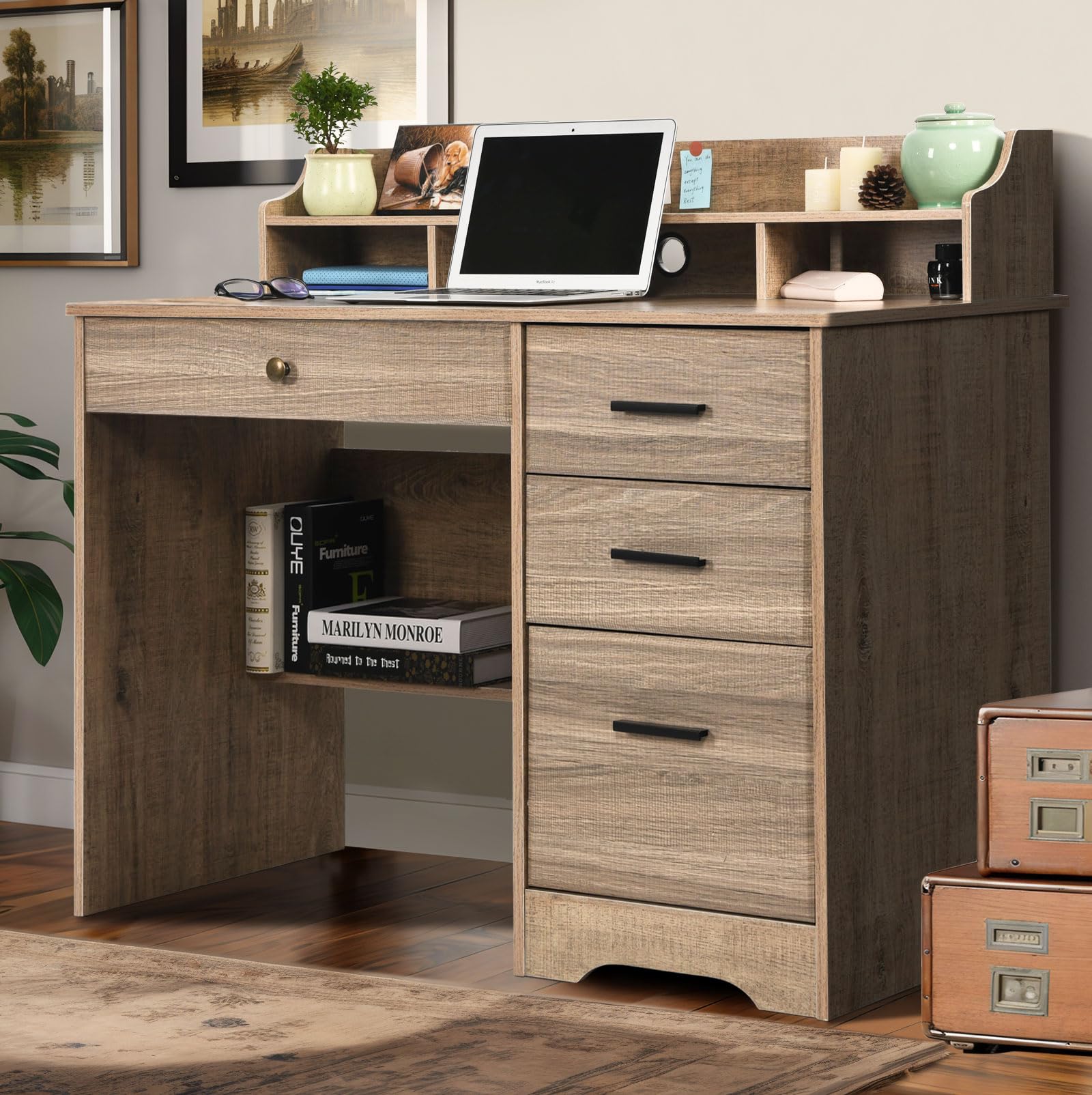 Catrimown Wooden Computer Desk with Drawers & Hutch - Home Office Desk for Small Spaces, Student Writing Table, Laptop Workstation - Perfect for Bedrooms, Dorm Rooms & Compact Home Offices (Grey)