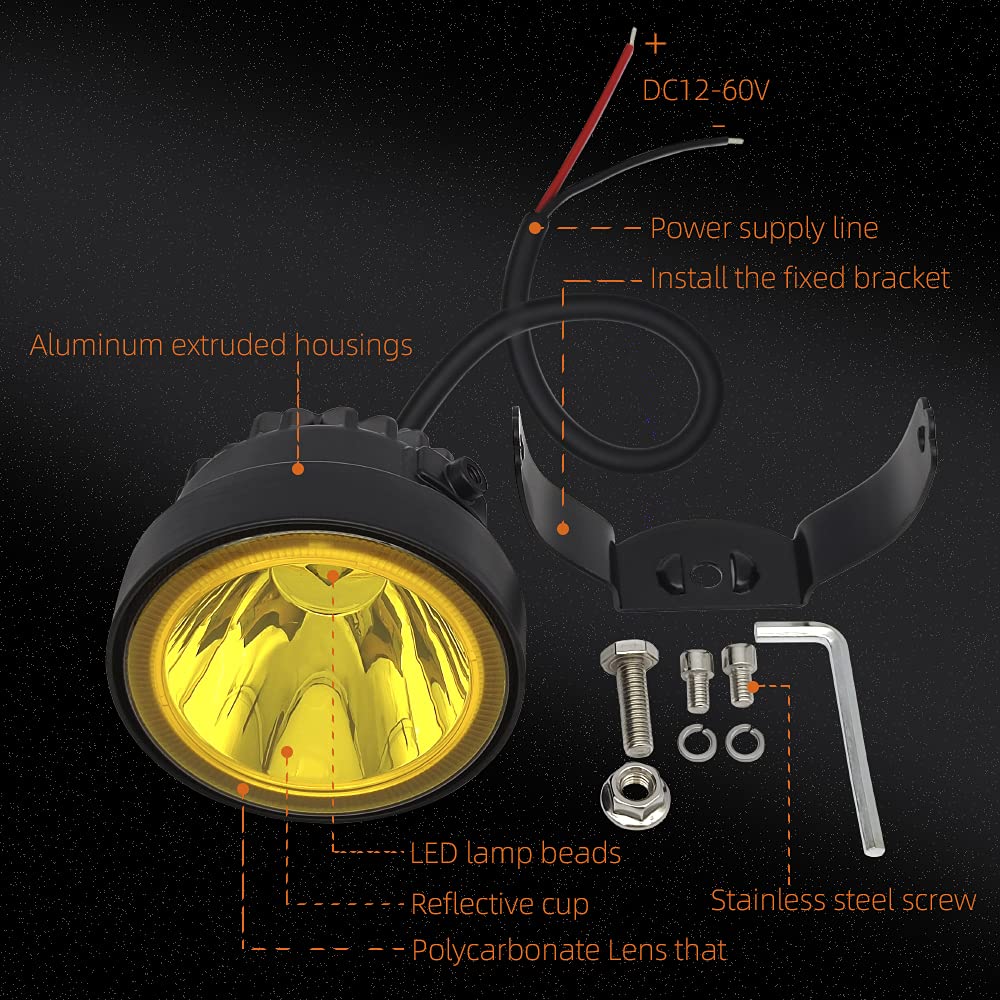 4 Inch Super Bright LED Pod Lights - Round Yellow Driving Fog Lights for Off-Road, ATV, UTV, SUV, Pickup, Truck, Motorcycle & Golf Cart | Waterproof Auxiliary Spot & Ditch Lights (2PCS) | Perfect for Night Driving, Adventure Off-Roading & Emergency Vehicle Lighting