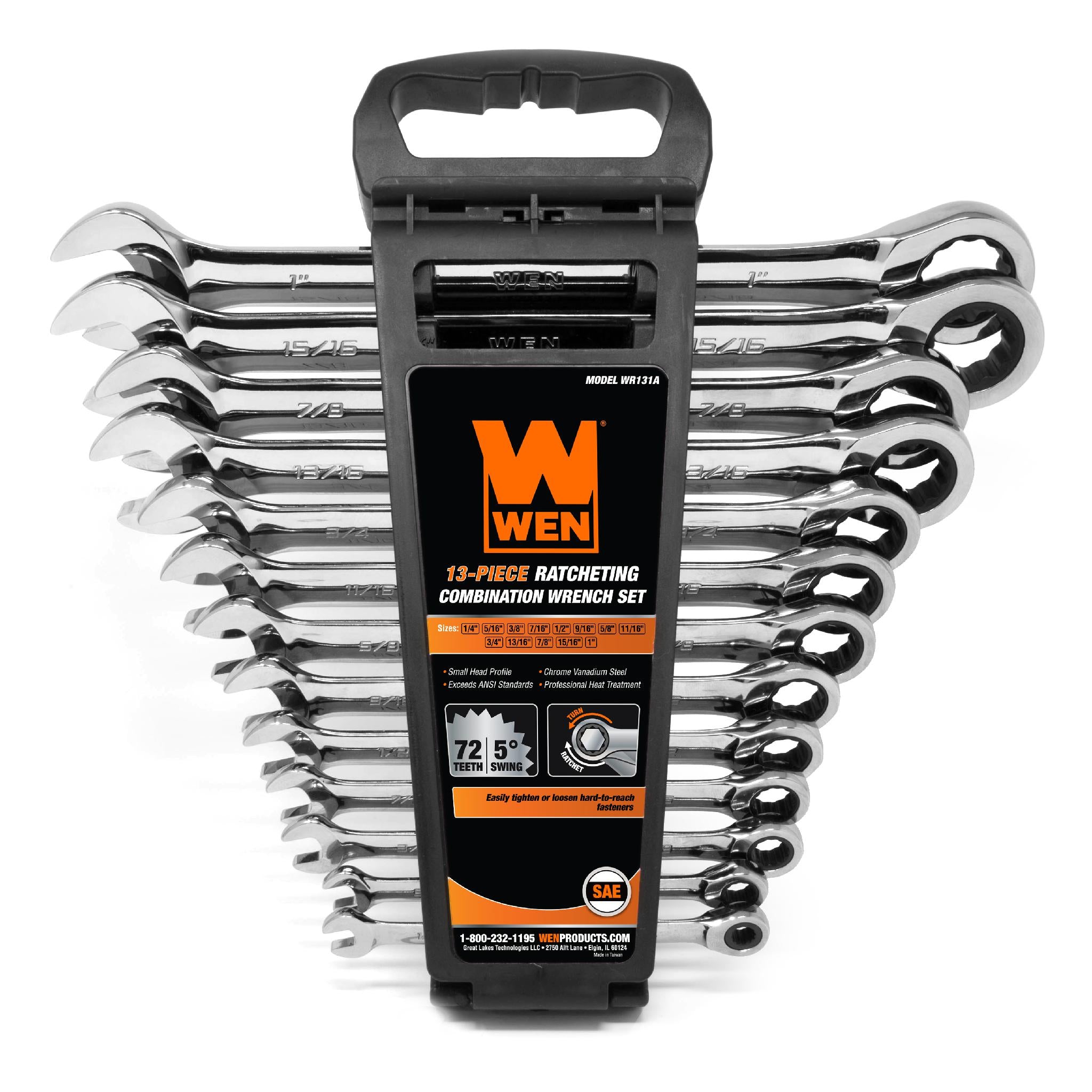 WEN WR131A 13-Piece Professional Grade Ratcheting SAE Combination Wrench Set with Storage Rack - Perfect for Automotive Repair, DIY Projects & Home Maintenance