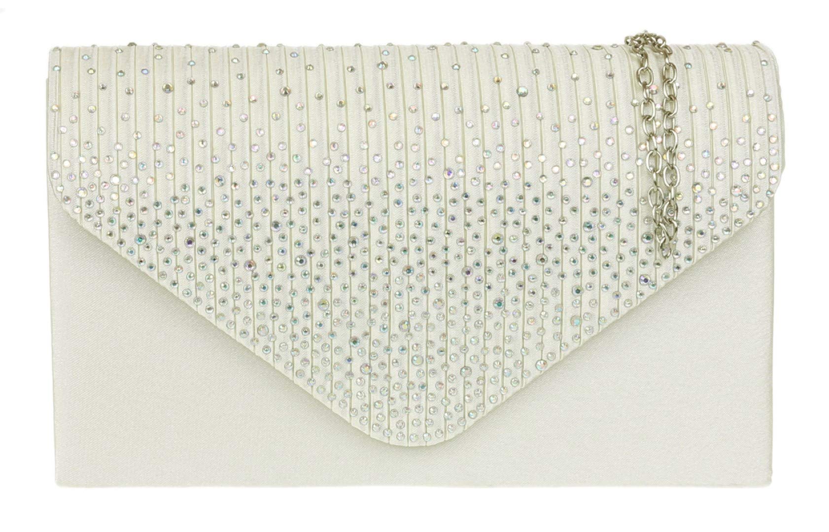 Elegant Pleated Satin Clutch Bag with Diamante Shoulder Chain - Women's Formal Evening Purse for Prom, Wedding, Party & Special Occasions