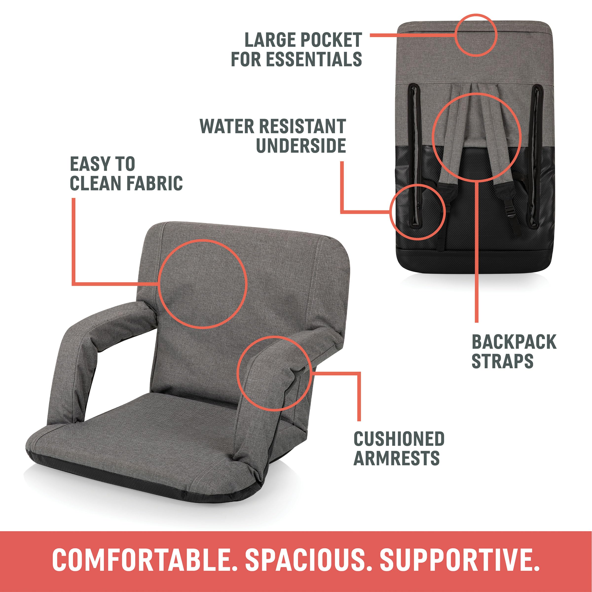 Ventura Reclining Stadium Seat with Back Support - Padded Bleacher Seat with Backpack Straps - Portable Folding Chair for Picnic, Camping, Sports Games, and Outdoor Events - Comfortable Floor Meditation & Gaming Chair for Home Use