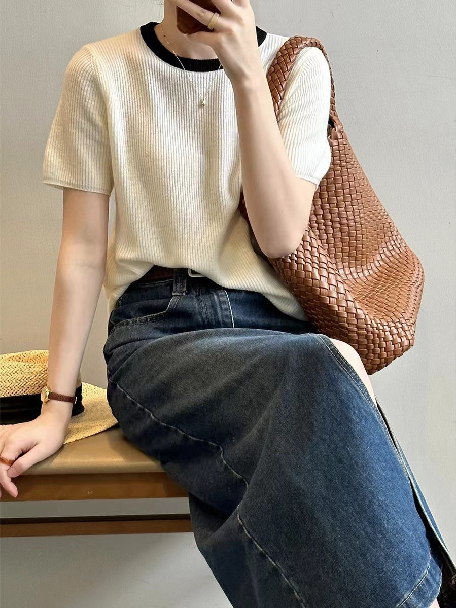 Lovevop Contrast Color Crew Neck Knitted T-Shirt for Women - Soft Cotton Casual Tee for Everyday Wear, Outfits & Layering