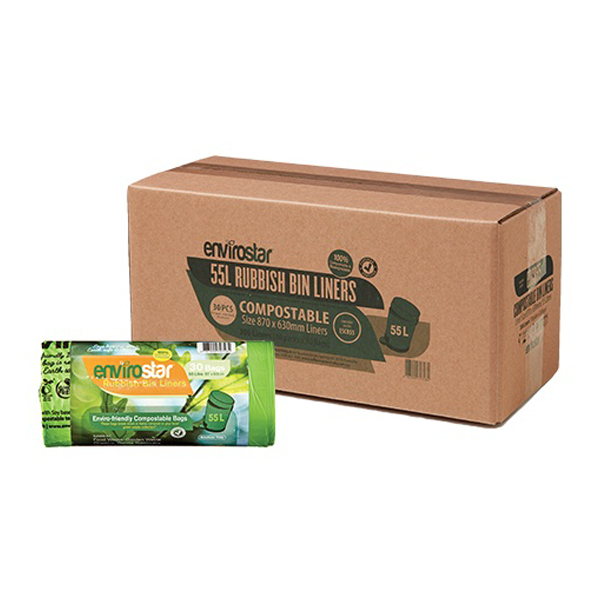 Eco-Friendly Envirostar 55Lt Compostable Trash Bags - 18 Micron Thick Biodegradable Kitchen Waste Liners for Home, Office & Outdoor Composting