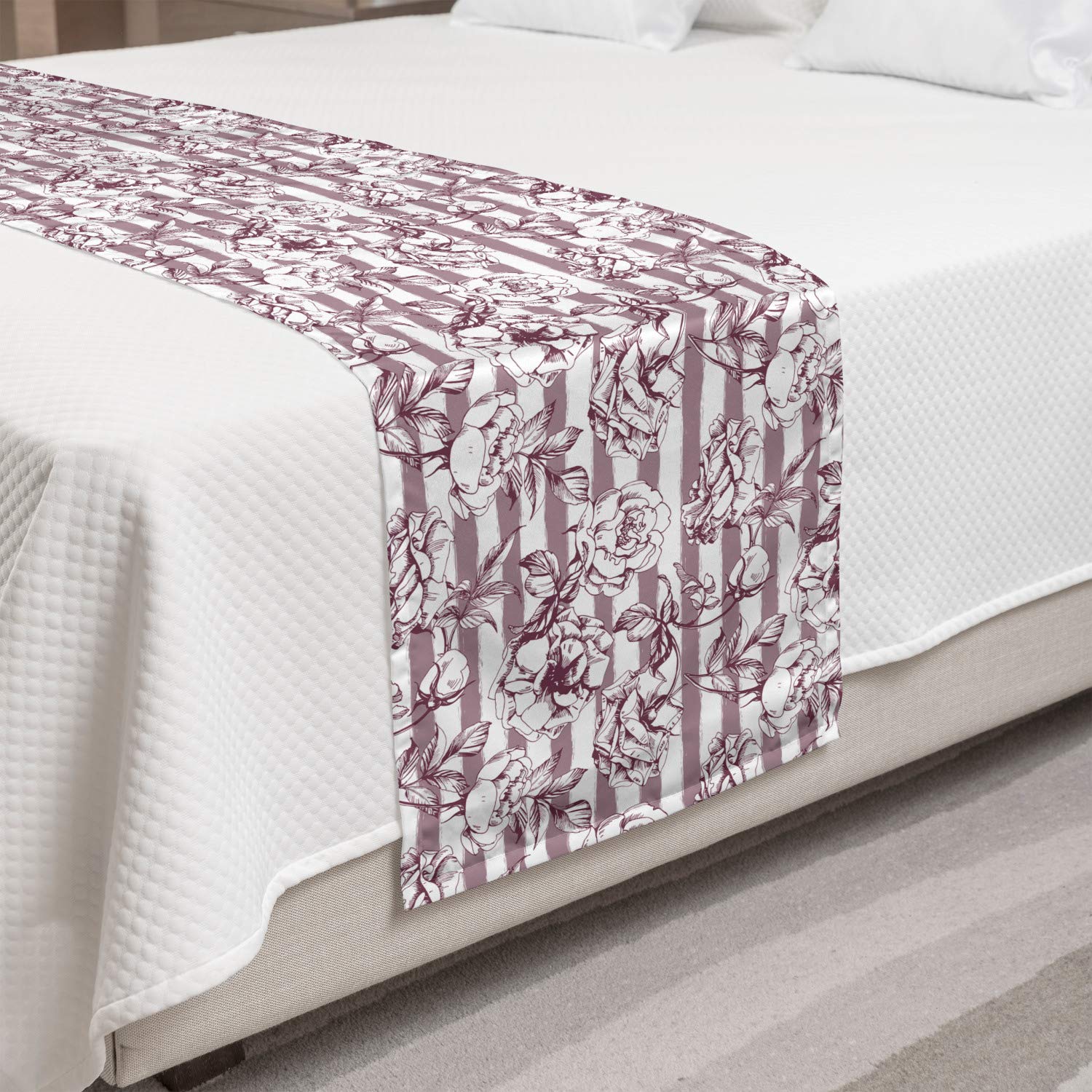 Ambesonne Floral Bed Runner - Wild Peonies on Grunge Stripes Decorative Bedding Scarf | Grey Pink Warm Taupe | Perfect for Hotels, Homes & Guestrooms | Adds Elegance to Bedroom Decor