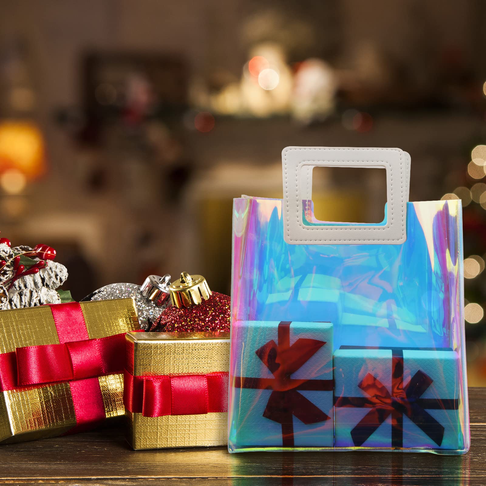 10-Pack Iridescent Holographic Reusable Gift Bags with Handles - 8.5x8.1x4.1 Inch Clear Christmas Birthday Wedding Party Favor Bags for Women - Perfect for Easter, Holiday Celebrations & Special Occasions