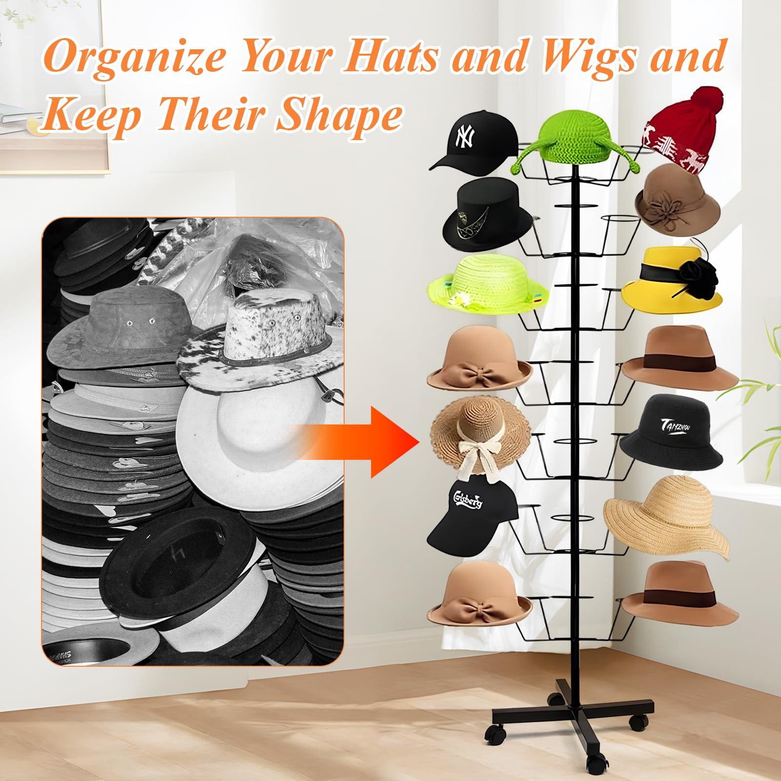 7-Tier Rotating Free Standing Hat Rack Stand with 35 Hooks - Metal Wig Organizer for Multiple Wigs & Baseball Caps - Space Saving Closet Storage Solution for Bedroom, Dressing Room or Retail Store Display
