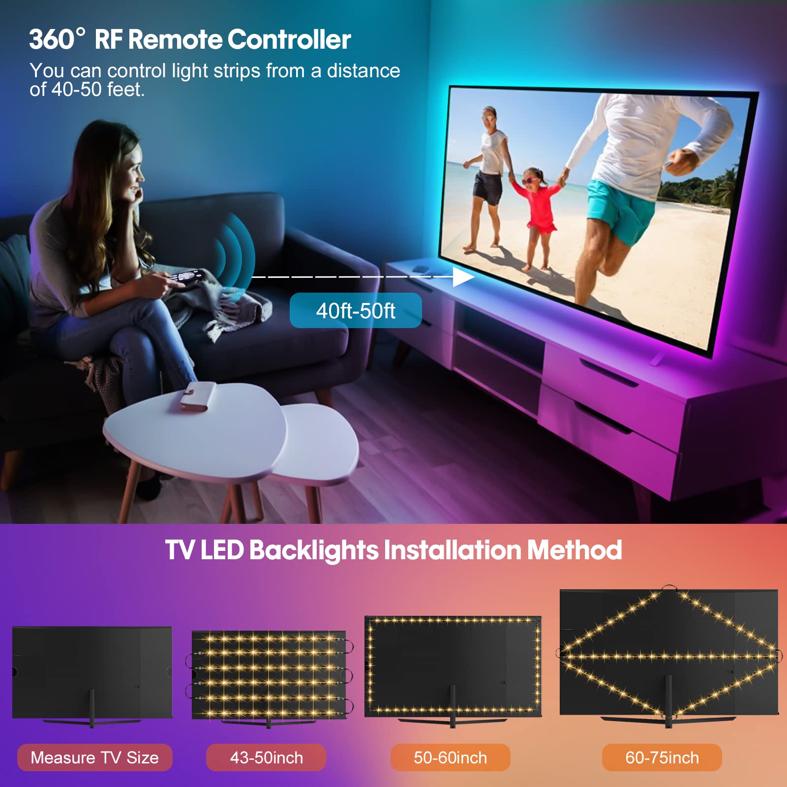 RGB LED Strip Lights for TV - 10ft App & Remote Control, Music Sync - Perfect for Bedroom & PC Monitor