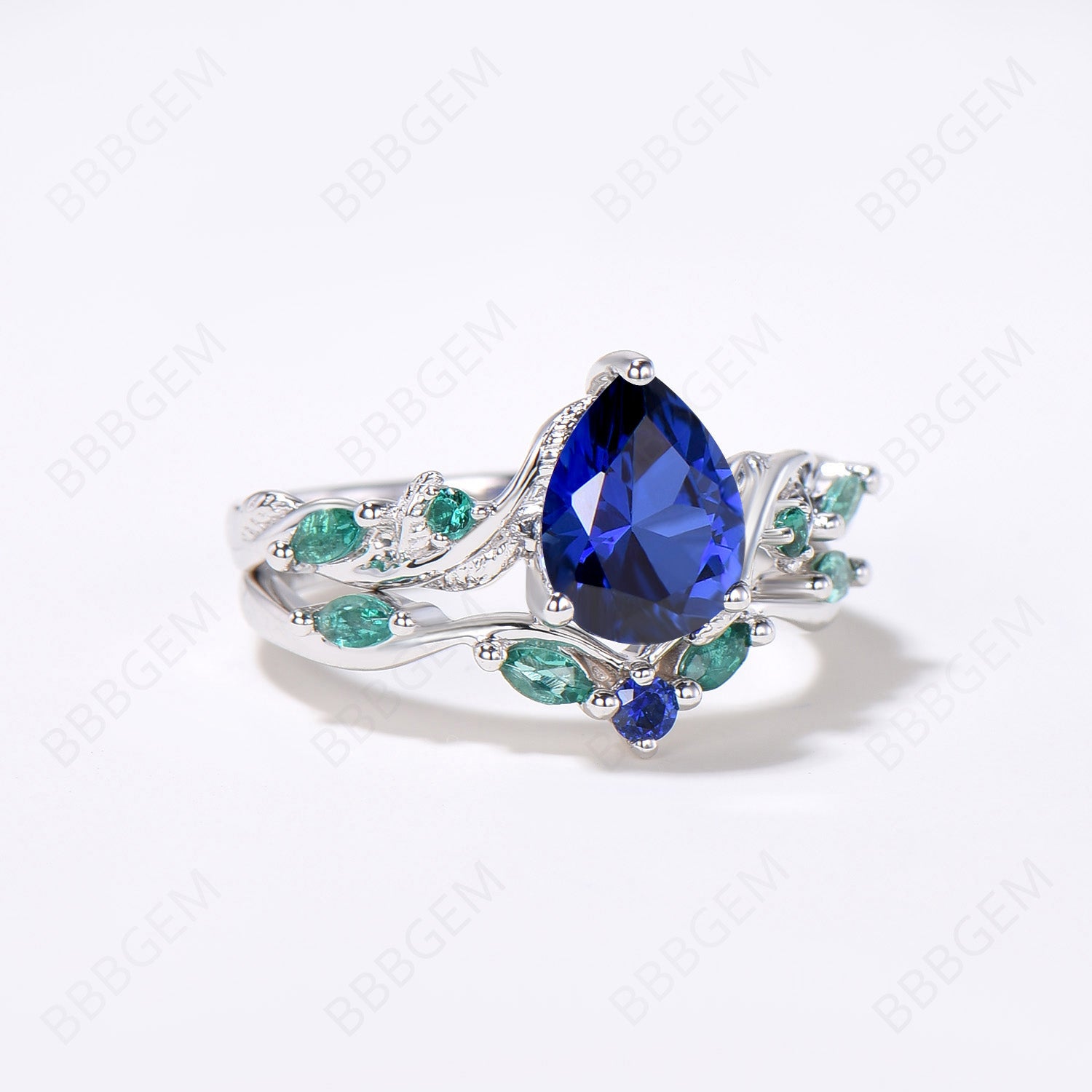 Vintage Nature Inspired Pear Blue Sapphire & Emerald Bridal Ring Set - Twig Leaf Vine Wedding Jewelry, September Birthstone Gift for Her - Perfect for Engagement, Anniversary & Special Occasions