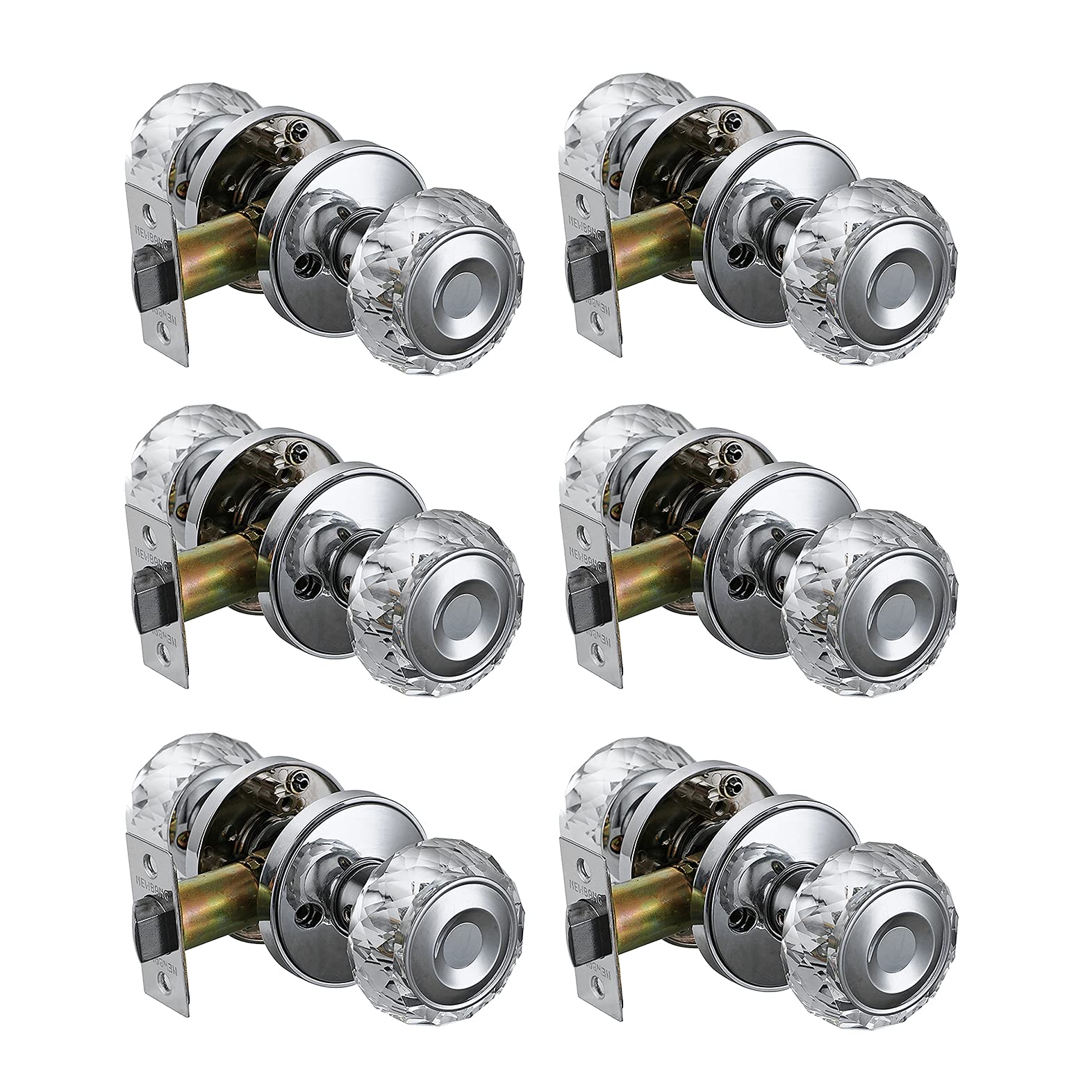 Premium HD Crystal Glass Door Knobs - 6 Pack Passage (Non-Locking) Interior Door Handles - Polished Chrome #32 Finish - Ideal for Bedrooms, Bathrooms & Closets