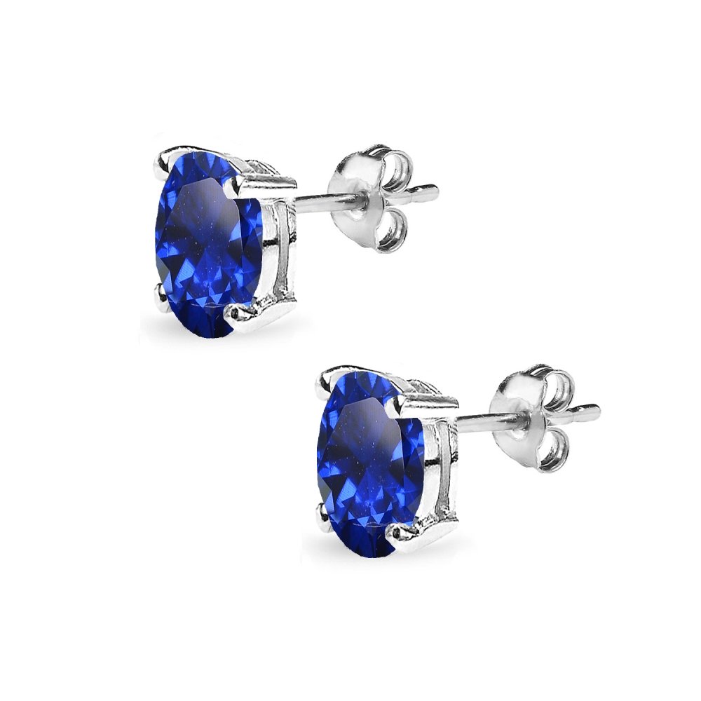 Blue Sapphire Stud Earrings for Women - Sterling Silver Oval-Cut Solitaire Earrings | Perfect for Weddings, Parties & Everyday Elegance