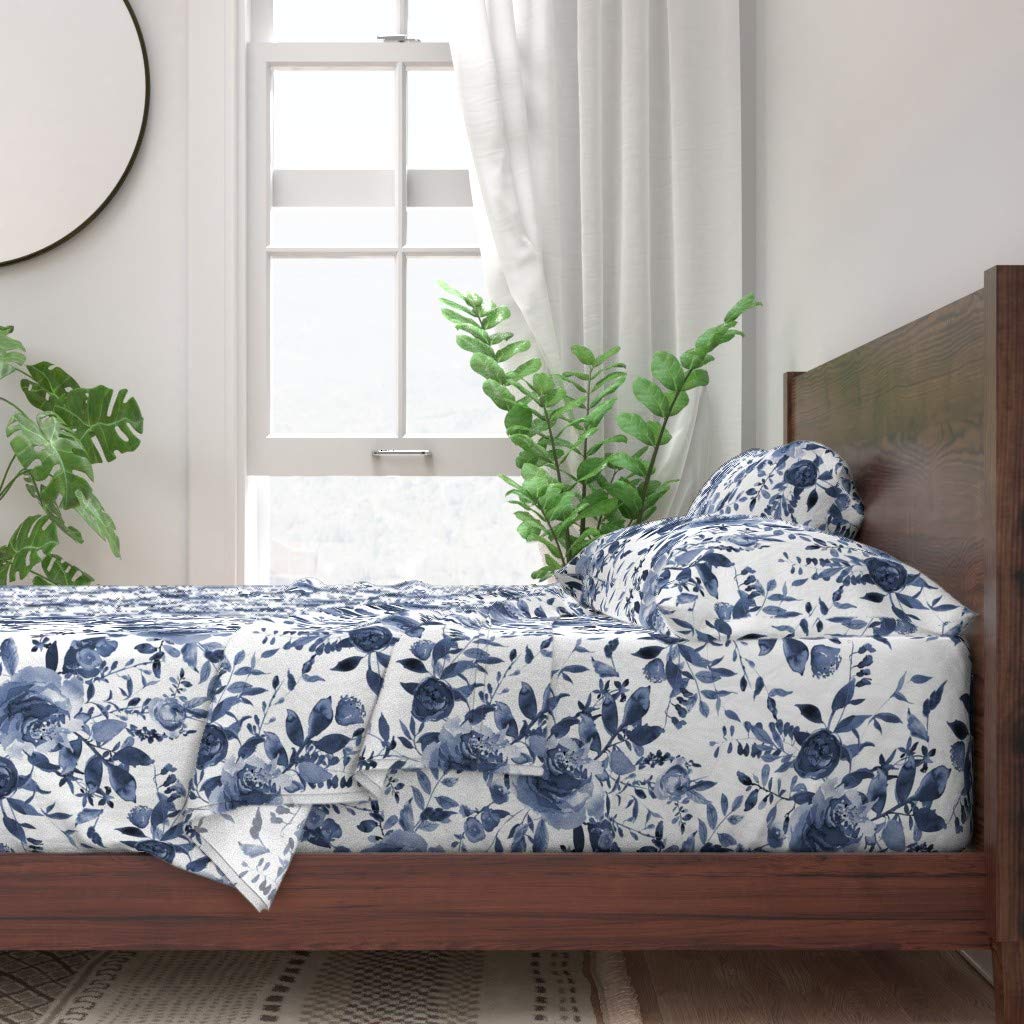 Spoonflower 100% Cotton Twin Sheet Set - 3 Piece Blue & White Floral Watercolor Bedding with Navy Indigo Nursery Print | Soft & Breathable for Kids Room, Guest Bedroom, Dorm Decor