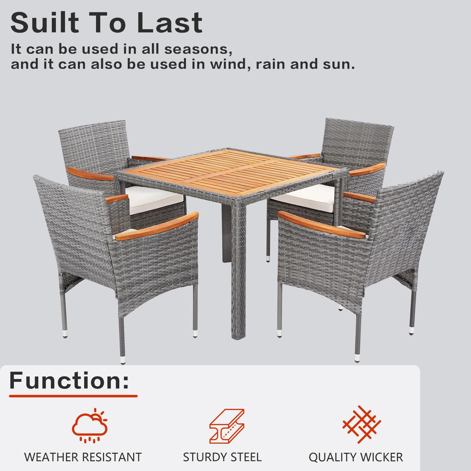 5-Piece Outdoor Patio Dining Set for 4 - Acacia Wood Table & Wicker Chairs - Grey Patio Furniture Set for Yard, Deck, Gazebo | Perfect for Backyard BBQs, Garden Parties & Outdoor Entertaining