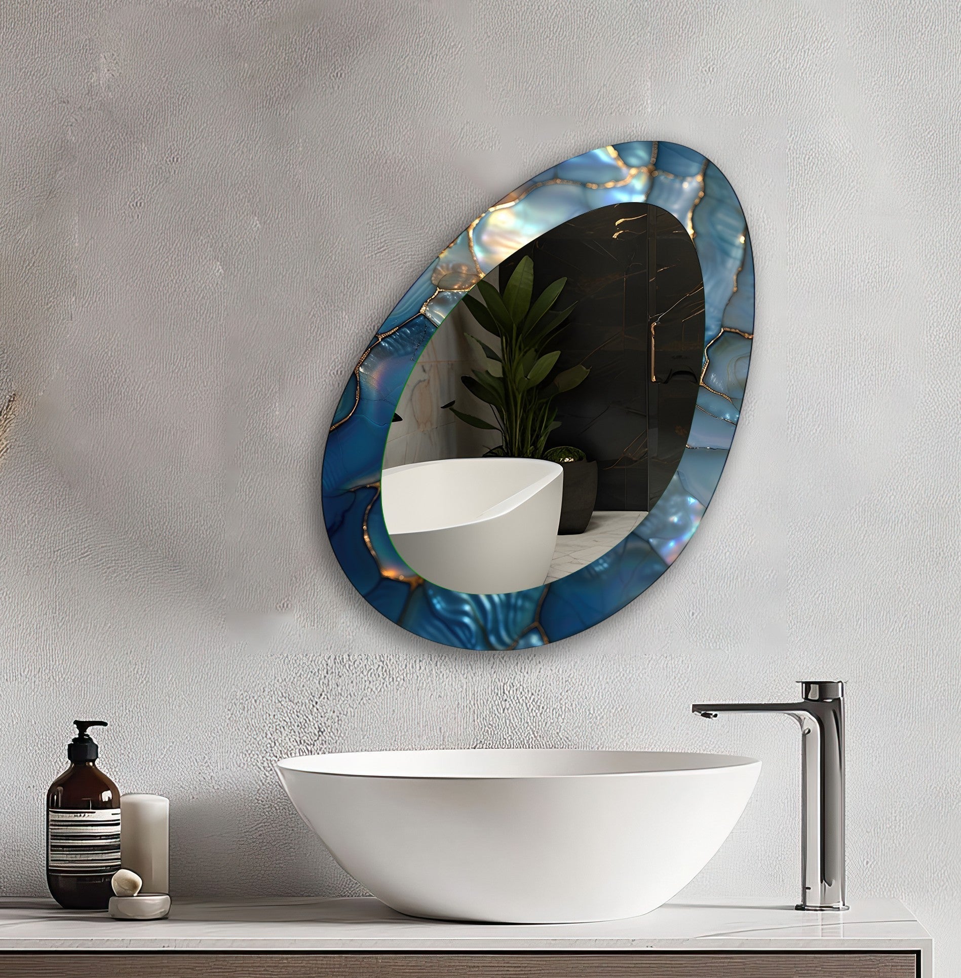 Blue Metallic Abstract Wall Mirror - Modern Decorative Mirror for Living Room, Bedroom & Entryway - Stylish Home Decor & Interior Design Accent