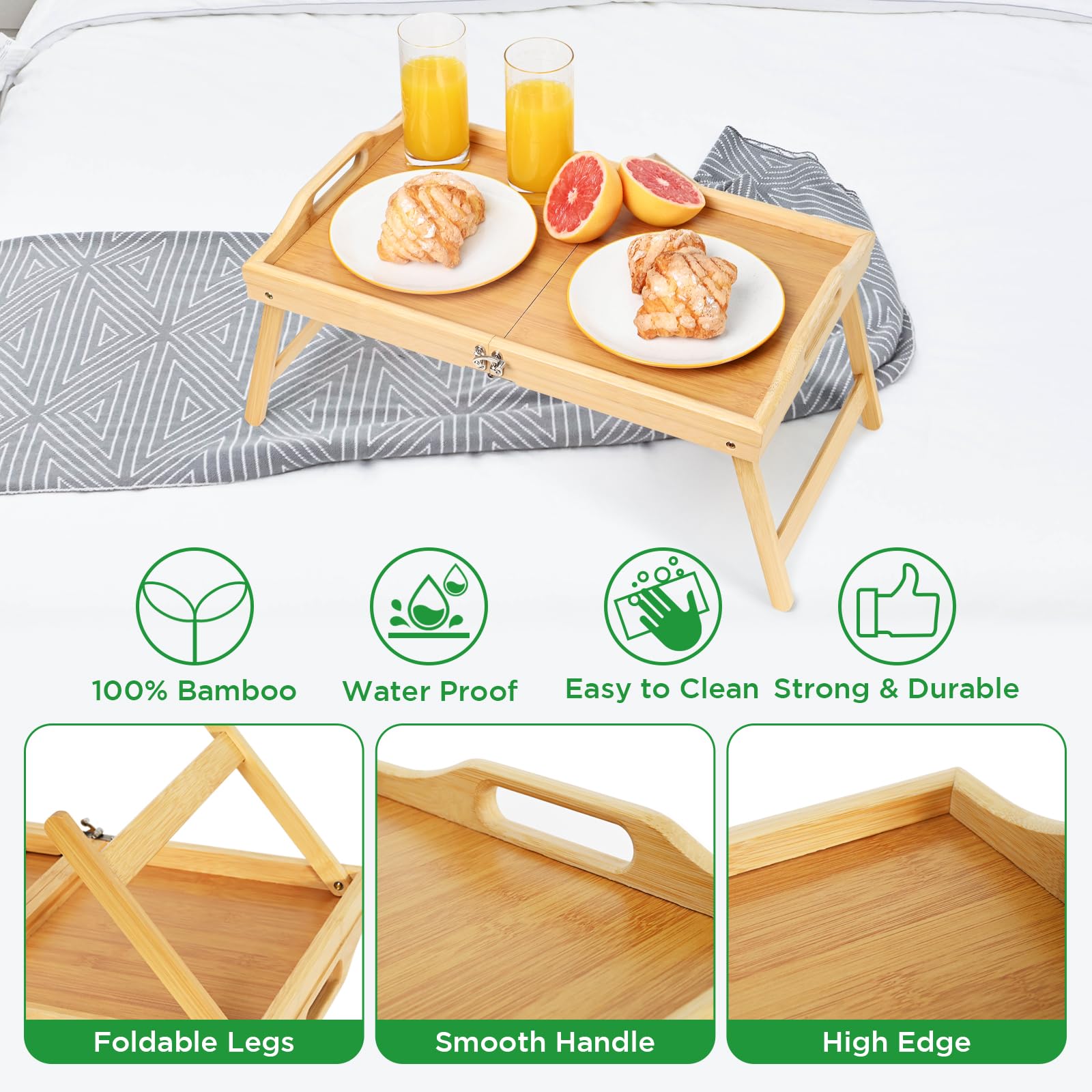 Foldable Bamboo Breakfast Tray with Handles - Portable Laptop Desk for Sofa, Bed & Office - Lightweight Serving Tray for Eating, Working & Snacking | Perfect for Breakfast in Bed, Home Office & Dorm Room Use