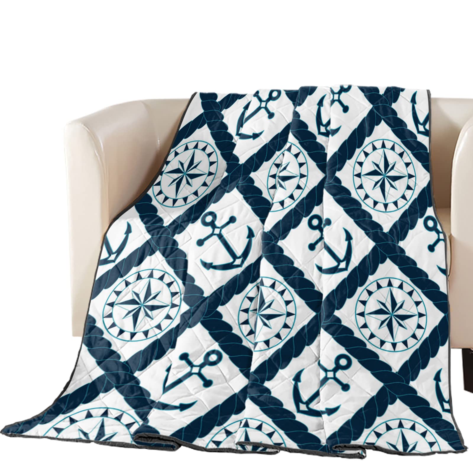 Nautical Anchor Geometric Plaid Lightweight Down Alternative Quilted Comforter - Twin Size 64x88 Inch - Reversible All-Season Duvet Insert & Soft Blanket for Bed, Couch or Sofa - Perfect for Coastal, Nautical or Modern Home Decor