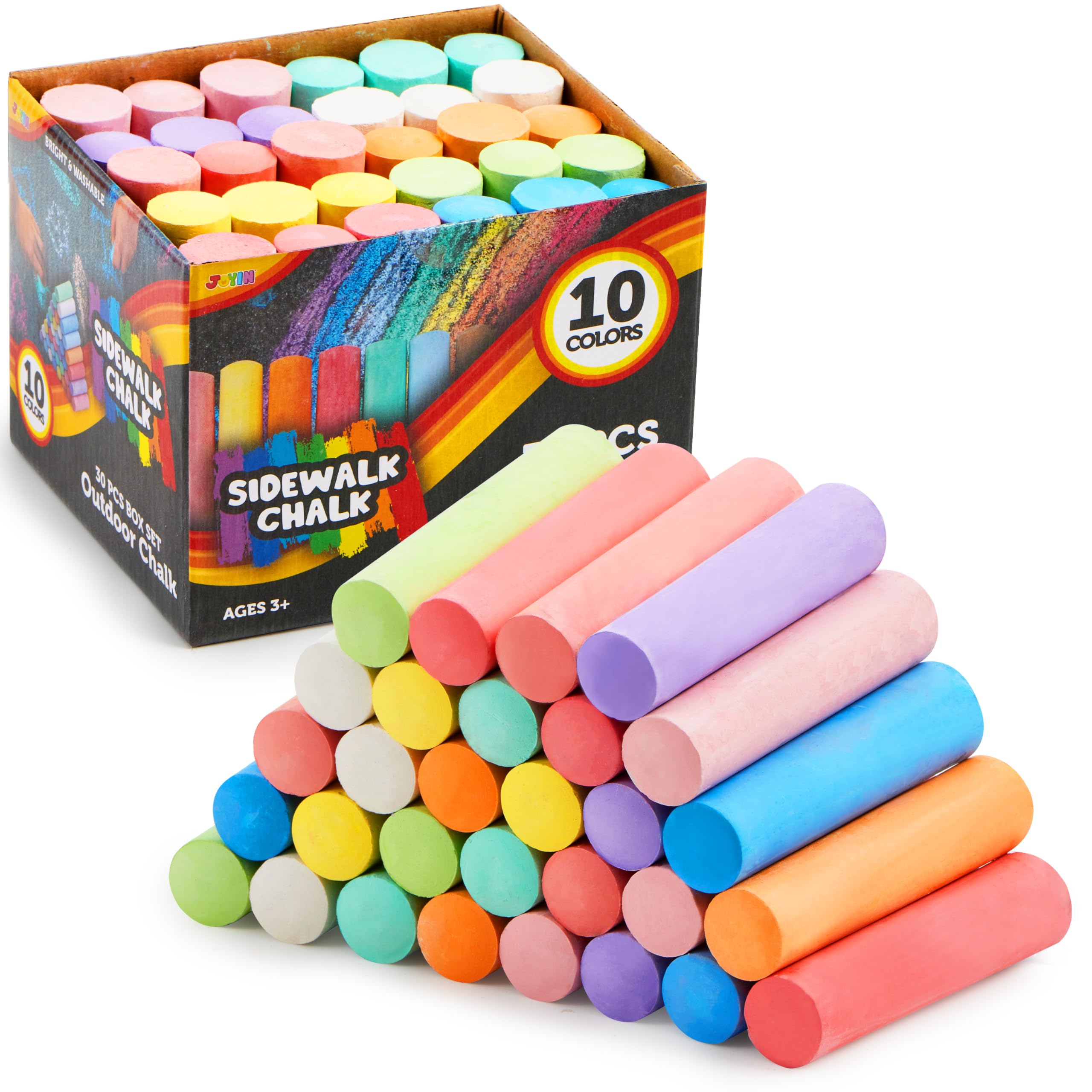 JOYIN 30-Piece Non-Toxic Jumbo Sidewalk Chalk Set - 10 Vibrant Colors, Washable Outdoor Chalk for Toddlers & Kids Ages 1-3 - Perfect for School, Classroom, Birthday Gifts & Creative Play on Driveways & Sidewalks