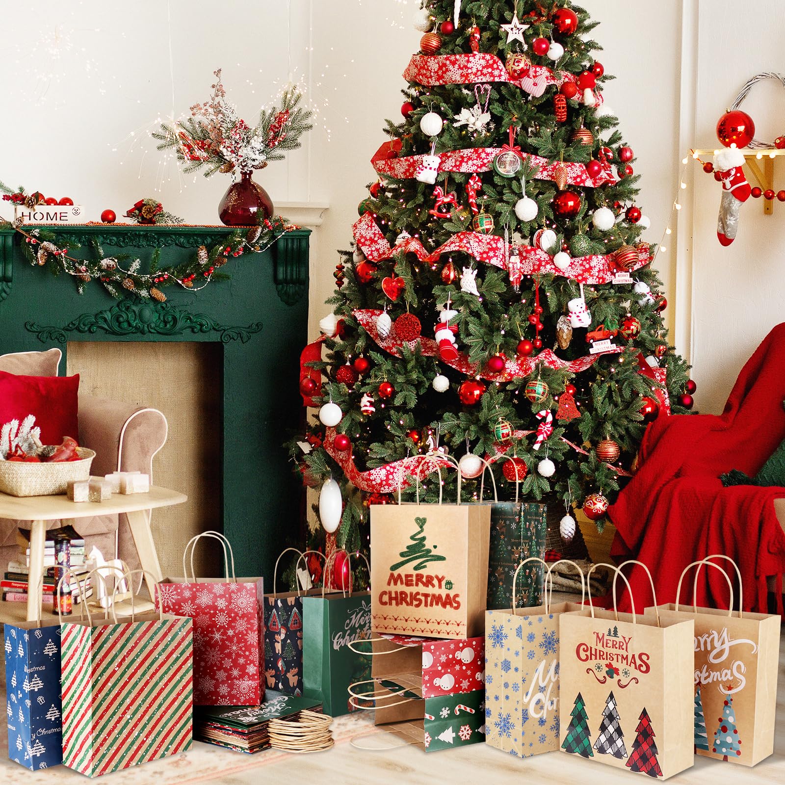 DeckTheHalls Christmas Gift Bags - 24 Pack Small Kraft Paper Holiday Bags with Handles (12 Styles) - Bulk Party Favors, Retail & Goody Bags for Xmas, Holiday Celebrations & Gift Wrapping