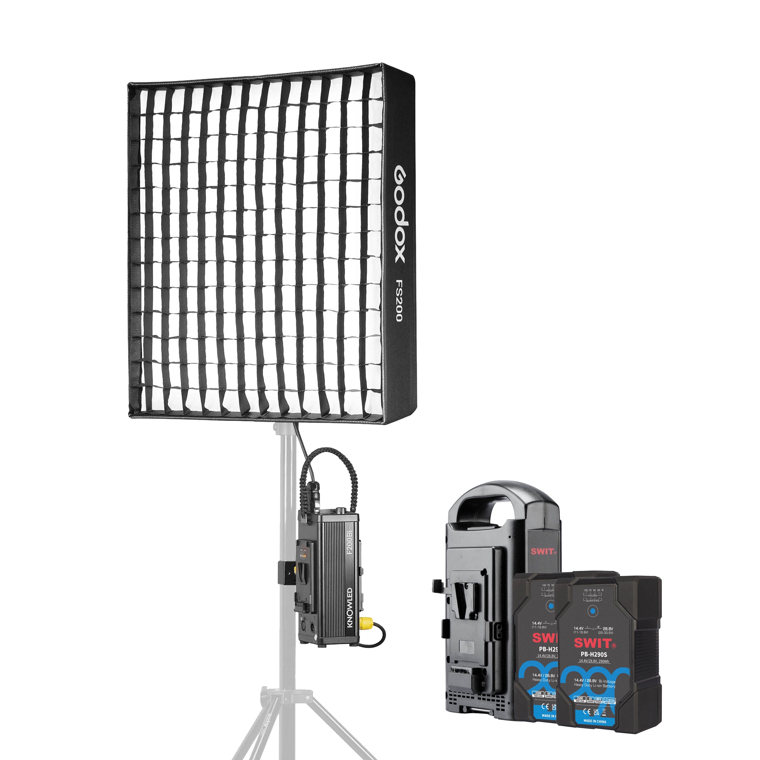 KNOWLED F200BI 2x2 Feet LED Light Panel with 2x SWIT PB H290s V-Mount Batteries - Professional Studio Lighting for Photography & Videography - Perfect for Film Sets, YouTube Videos, and Live Streaming