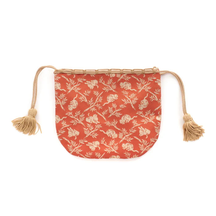 Nishijin Ori Small Drawstring Bag - Bamboo Groves & Cats / Rose Design | Handmade in Kyoto Japan | Traditional Japanese Craft Purse for Coins, Jewelry & Gifts