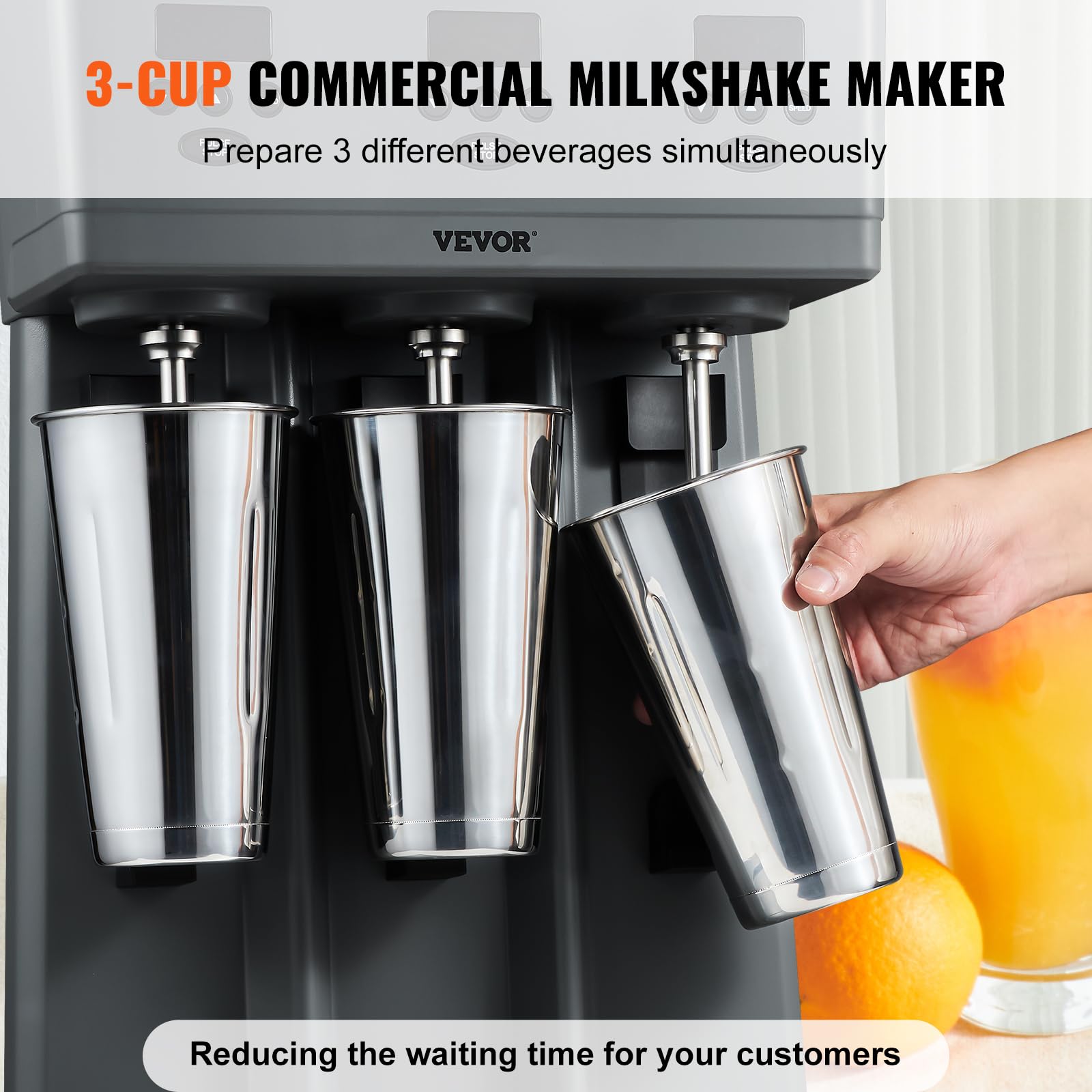 VEVOR Commercial Triple Head Milkshake Maker - 375W Electric Drink Mixer Blender with 3 Speeds, LED Display & Microswitch, Includes 3 x 820ml Stainless Steel Cups - Perfect for Restaurants, Cafes, Ice Cream Shops & Smoothie Bars