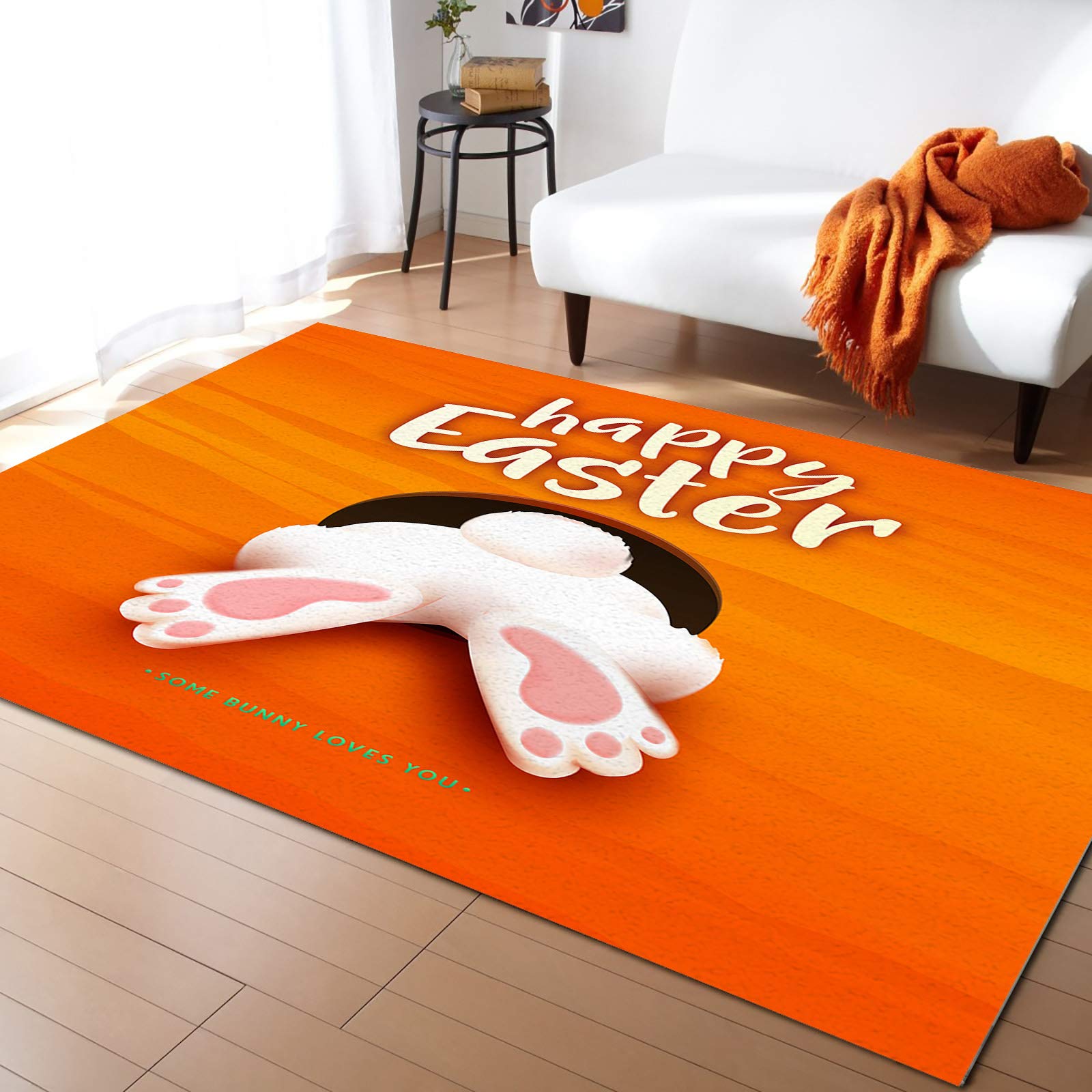 5'x7' Large Non-Slip Area Rug with Happy Easter Bunny Design - Soft Floor Mat for Bedroom, Living Room, Kitchen Runner - Perfect for Easter Decor, Home Comfort & Pet-Friendly Spaces