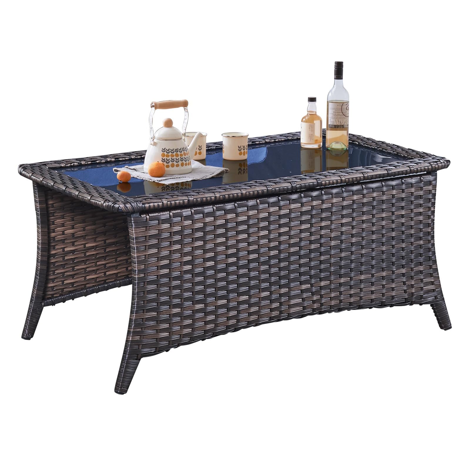 Outdoor Coffee Table with Tempered Glass Top - Brown Rectangular Wicker Patio Table, Handwoven Rattan Furniture for Porch, Deck, Backyard | Perfect for Outdoor Lounging, Garden Parties & Poolside Relaxation