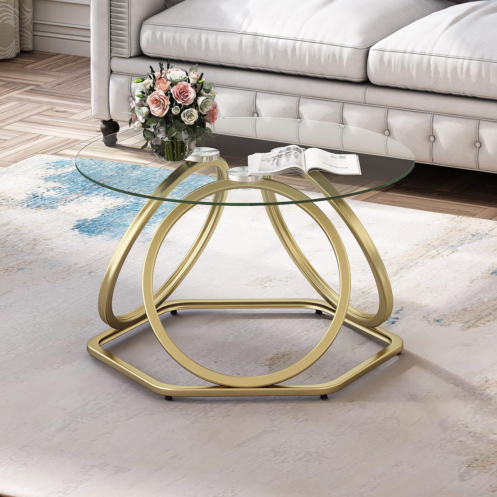 Modern Gold Glass Coffee Table with Hexagonal Base - Round Living Room & Office Table - Elegant Gold Finish - Perfect for Home Decor, Lounge, and Workspace - 1 PC