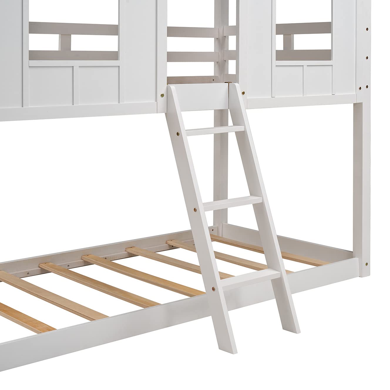 Twin Over Twin Low Bunk Bed for Kids - Sturdy Wooden House Bed Frame with Roof, Window, Guardrail & Ladder - No Box Spring Required - Perfect for Small Bedrooms, Shared Kids Rooms & Sleepovers