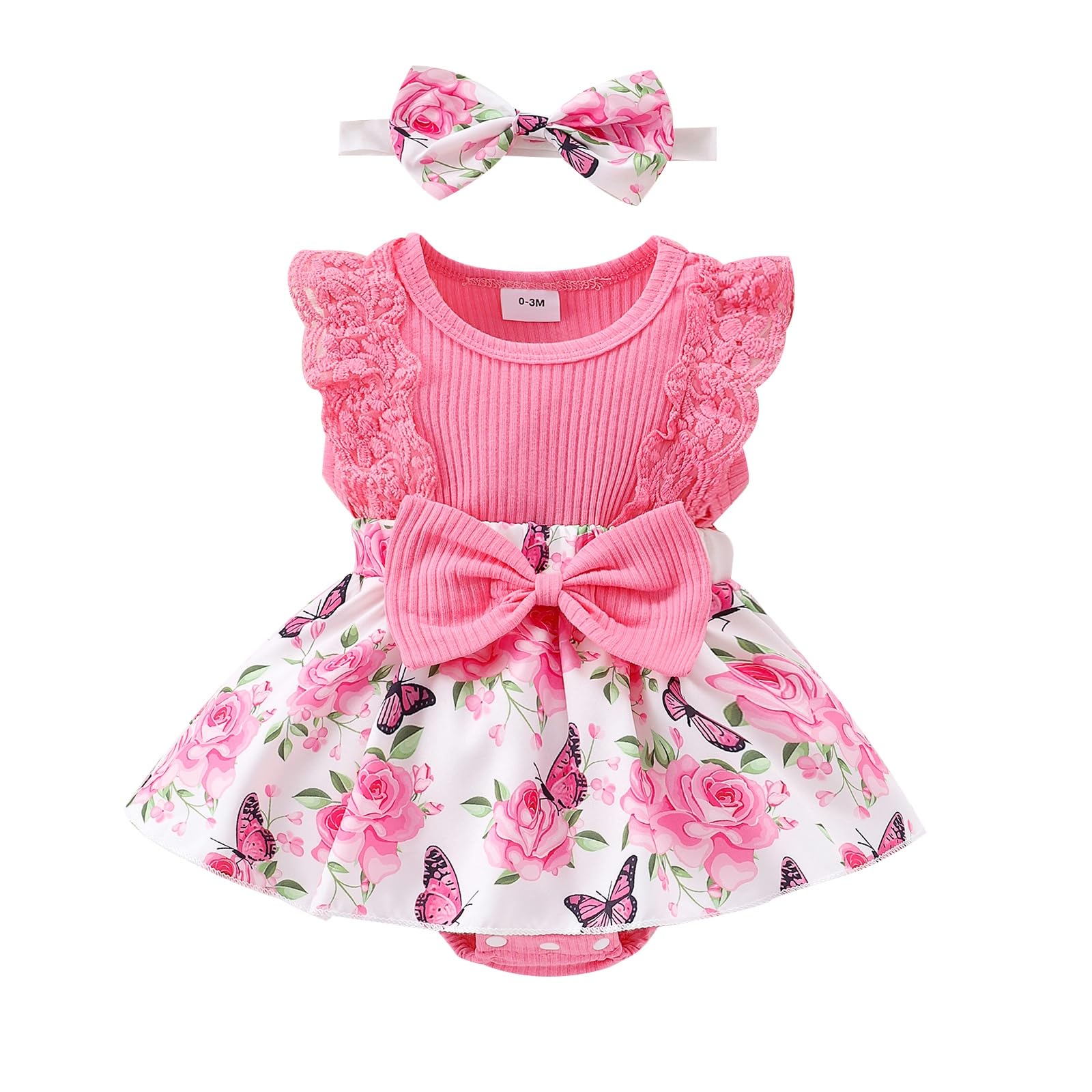 Baby Girl Romper Dress 0-12 Months | Newborn Lace Ruffle Sleeveless Summer Outfit with Headband | Perfect for Photoshoots, Parties & Outdoor Play