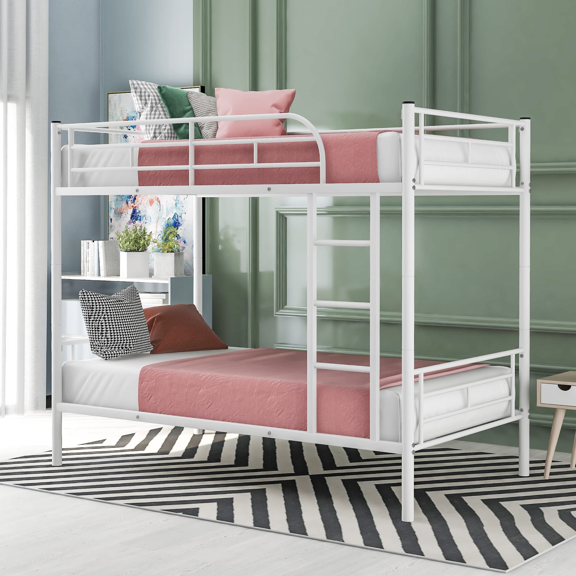 Harper & Bright Designs Twin Over Twin Metal Bunk Bed with Removable Ladder - Heavy Duty Bed Frame with Safety Guard Rails - White - Perfect for Kids' Bedrooms, Dorm Rooms & Space-Saving Home Solutions