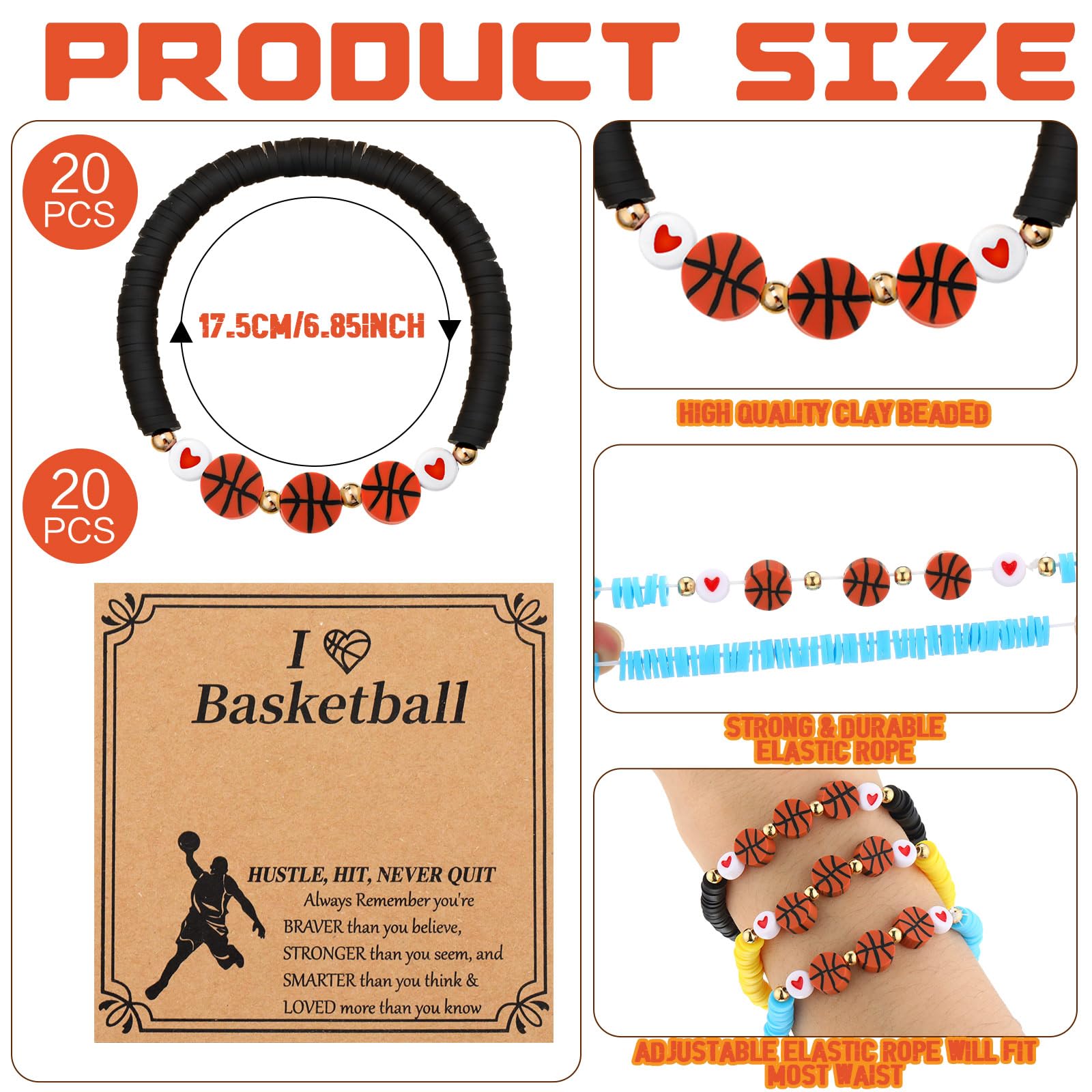 20 Pack Basketball Bracelets for Players & Fans - Motivational Sports Wristbands with Inspirational Cards - Perfect Team Gifts for Basketball Games, Training & Fan Support