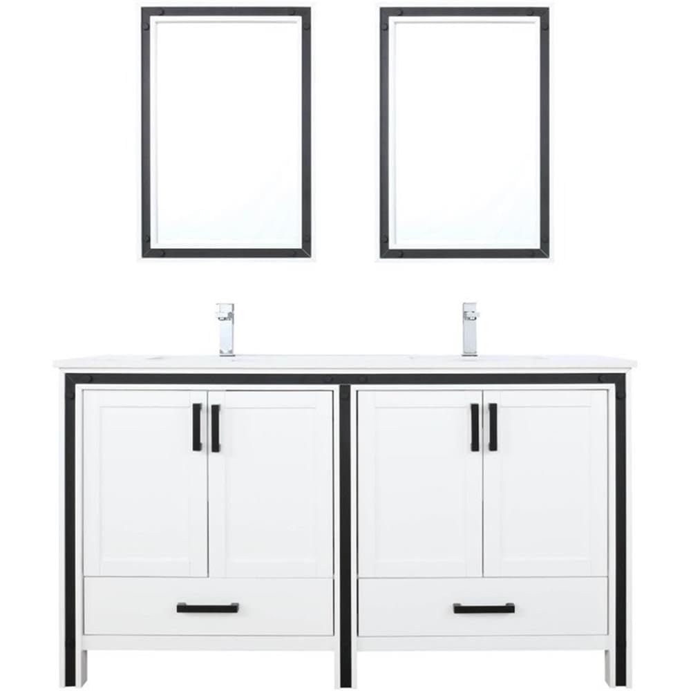 Ziva 60 Inch Wide x 22 Inch Deep White Double Bathroom Vanity Set with Cultured Marble Countertop, Faucet & 22 Inch Mirrors - Perfect for Master Bathroom or Guest Bath Remodel