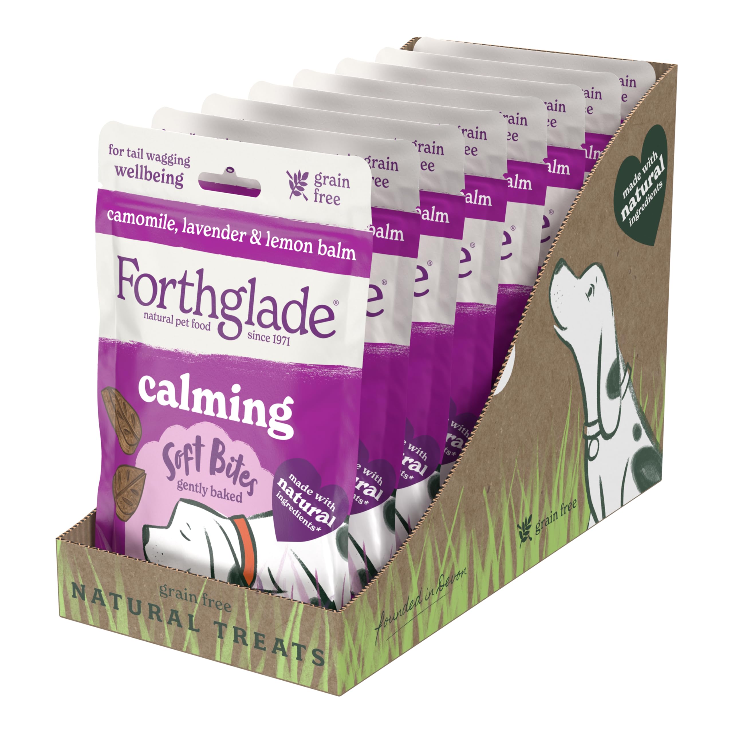 Forthglade Natural Hypoallergenic Grain Free Dog Treats with Chamomile, Lavender & Lemon Balm - Calming Soft Bites for Anxious Dogs (8 Pack of 90g Resealable Bags) | Perfect for Training, Travel & Stress Relief