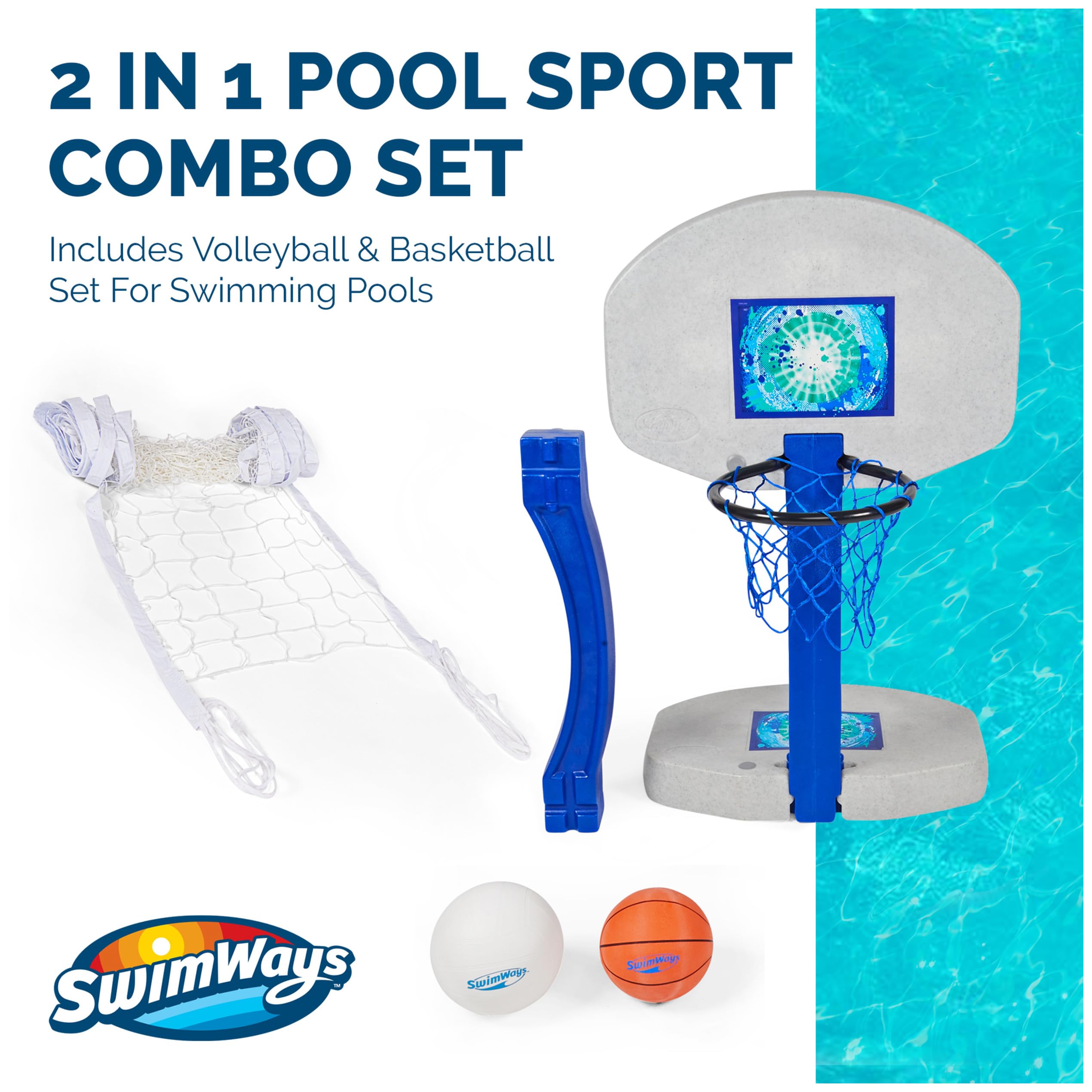 SwimWays 2-in-1 Pool Sport Combo Set - Volleyball Net & Basketball Hoop for Inground & Above Ground Pools | Outdoor Water Games for Adults & Kids | Perfect for Summer Pool Parties & Family Fun