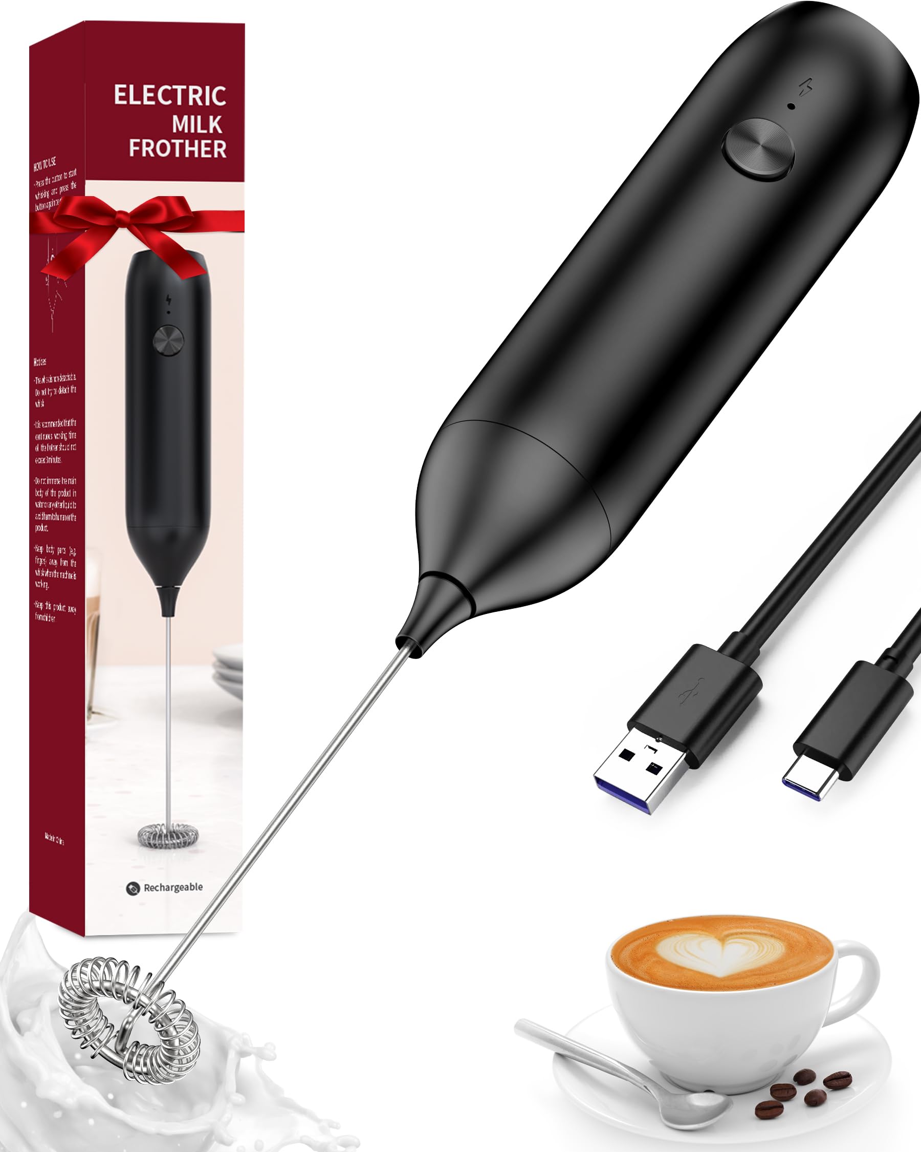 Rechargeable Milk Frother Wand with USB-C & Stainless Steel Whisk - Powerful Electric Frother for Coffee, Latte, Cappuccino, Mocha - Perfect for Home, Office & Travel Use