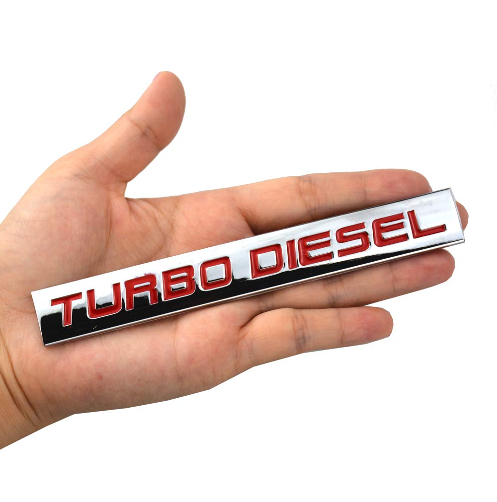 Chrome Finish Metal Turbo Diesel Emblem Badge - Red Lettering for Car & Truck Decoration - Perfect for Diesel Enthusiasts & Vehicle Customization