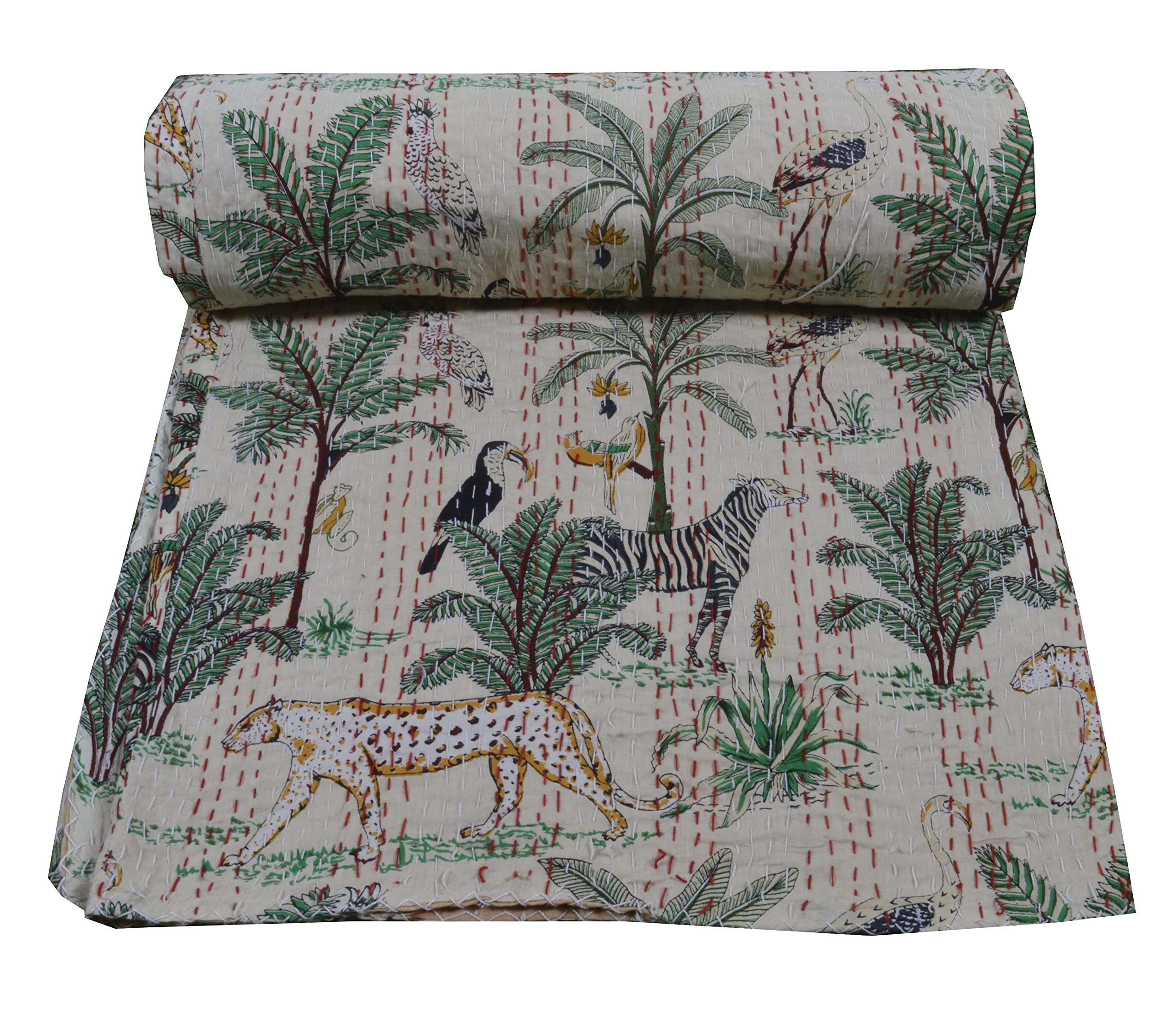Vintage Indian Floral & Animal Print Kantha Quilt - Reversible Cotton Bedspread for Twin/Queen/King Size (King, Beige) | Boho Chic Home Decor, Guest Room Bedding & Cozy Throw Blanket